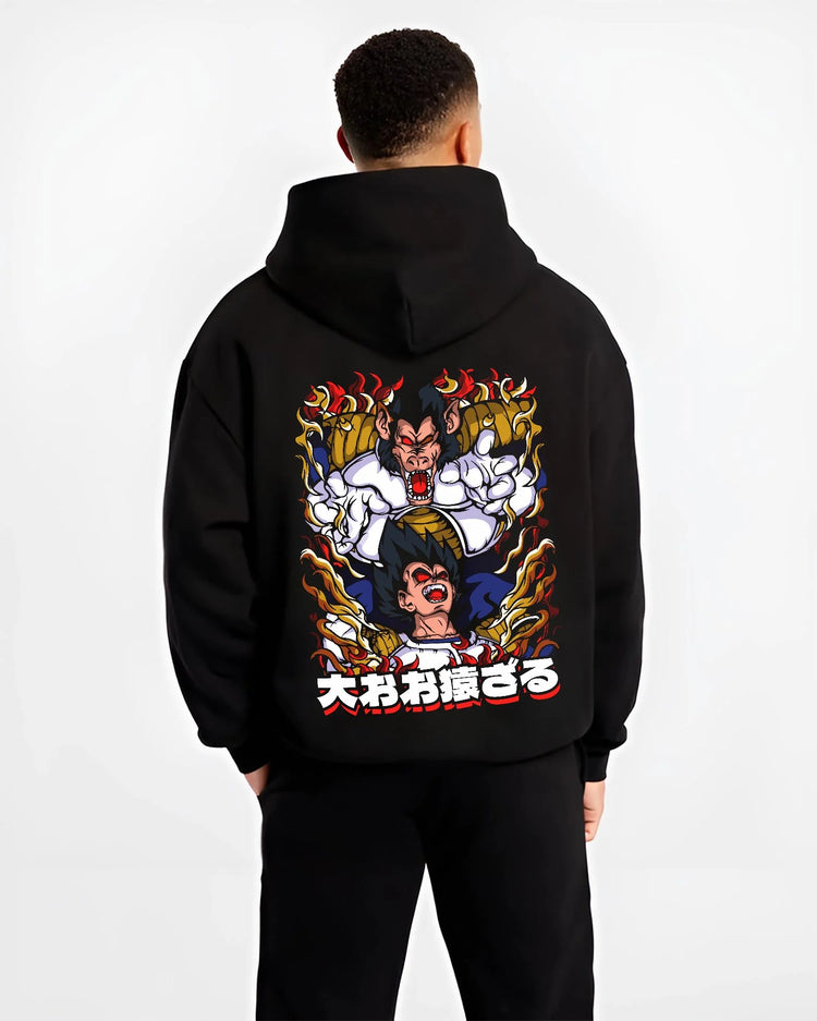 Black hoodie worn by male model, back view with Vegeta Hoodie Dragon Ball GT Saiyan Rage Ape Form graphic premium wear.
