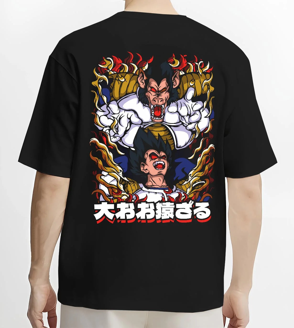 Black T-shirt worn by male model, back view with Vegeta Hoodie Dragon Ball GT Saiyan Rage Ape Form graphic premium wear.