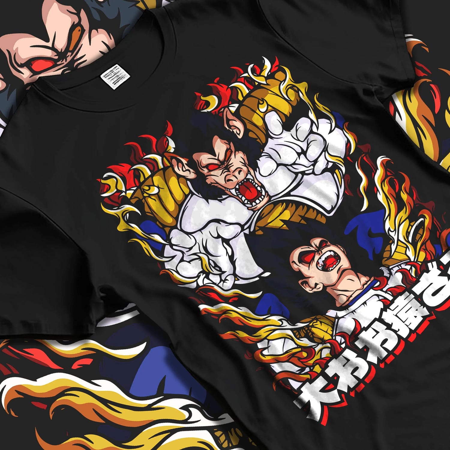 Black T-shirt laid flat with natural folds with Vegeta Hoodie Dragon Ball GT Saiyan Rage Ape Form graphic streetwear graphic.