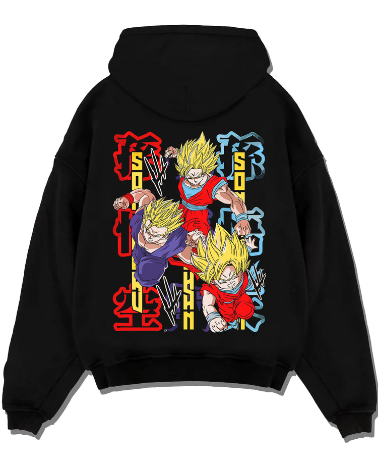 Black pullover hoodie laid flat with Goten Hoodie Dragon Ball Z Fusion Retro Anime Pose graphic bold anime graphic.