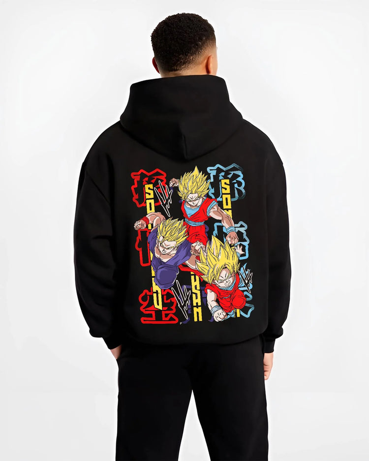 Black hoodie worn by male model, back view with Goten Hoodie Dragon Ball Z Fusion Retro Anime Pose graphic premium wear.