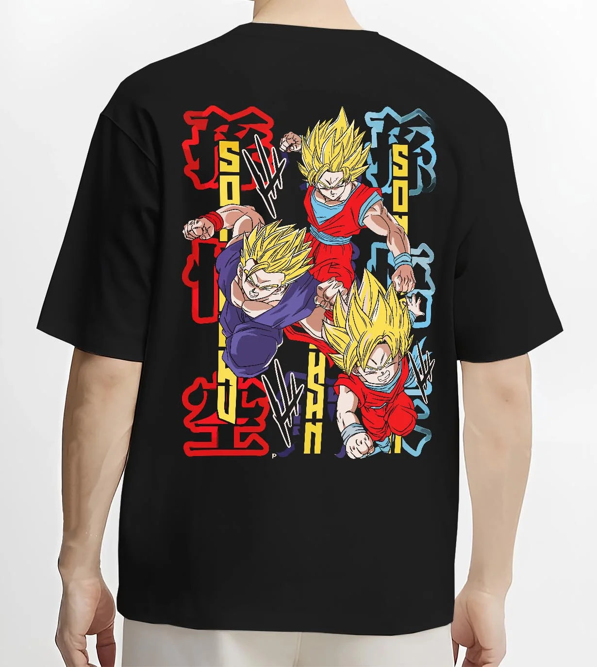 Black T-shirt worn by male model, back view with Goten Hoodie Dragon Ball Z Fusion Retro Anime Pose graphic streetwear graphic.