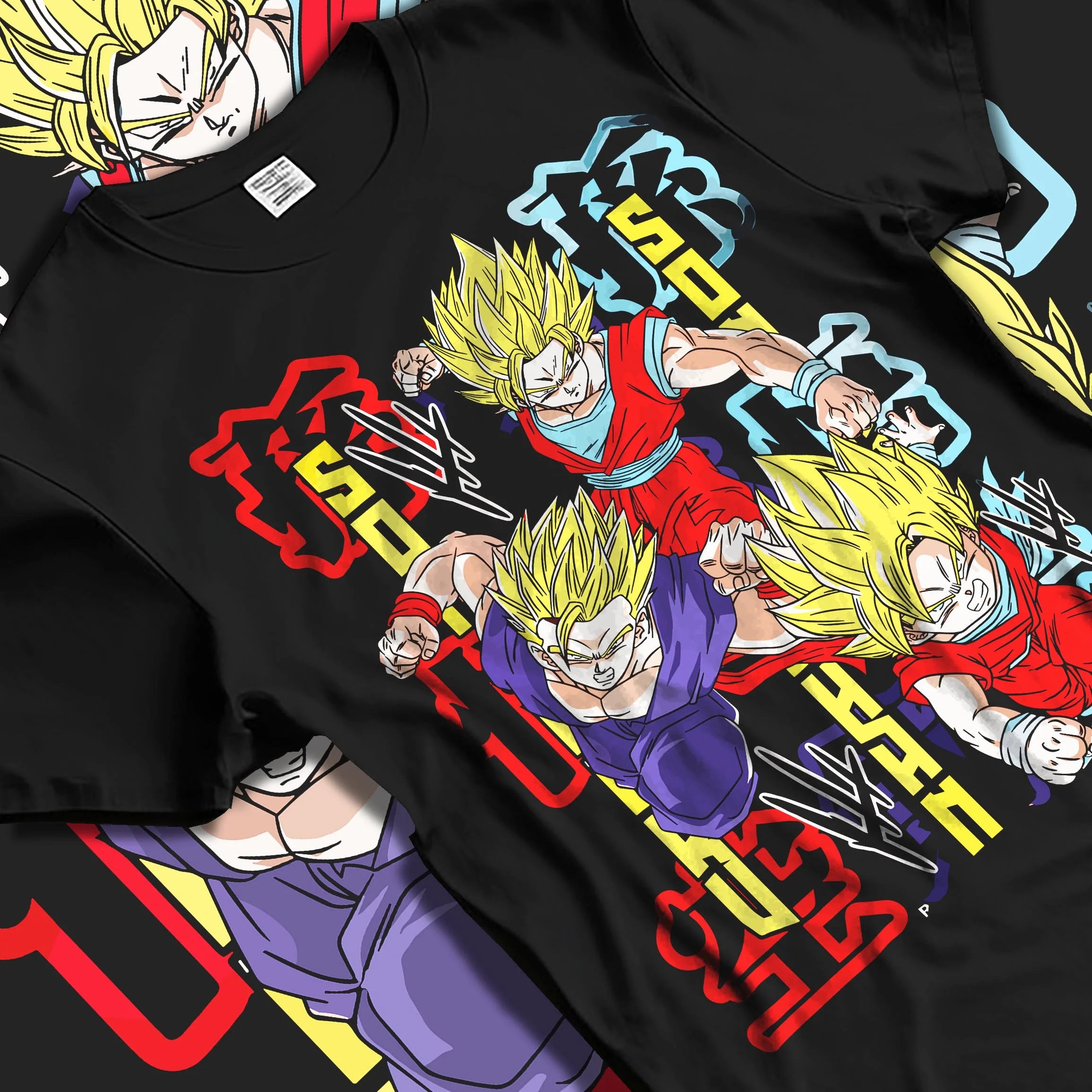 Black T-shirt laid flat with natural folds with Goten Hoodie Dragon Ball Z Fusion Retro Anime Pose graphic bold anime graphic.