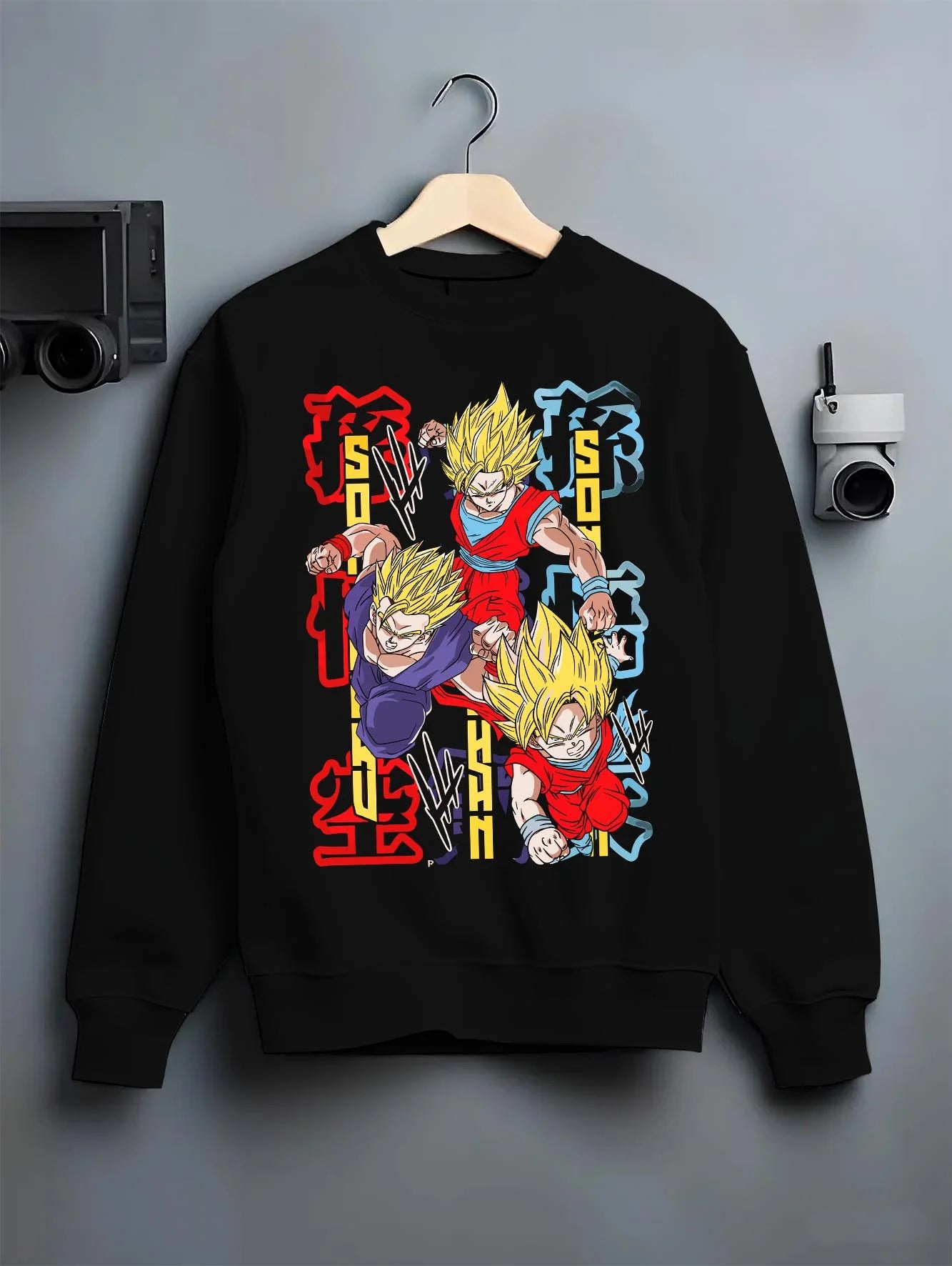 Black crewneck sweatshirt on hanger with Goten Hoodie Dragon Ball Z Fusion Retro Anime Pose graphic streetwear graphic.