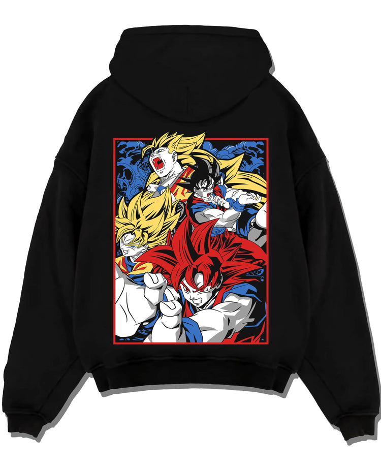Black pullover hoodie laid flat with Goku Hoodie Dragon Ball Z Saiyan Transform Battle graphic Goku anime design.