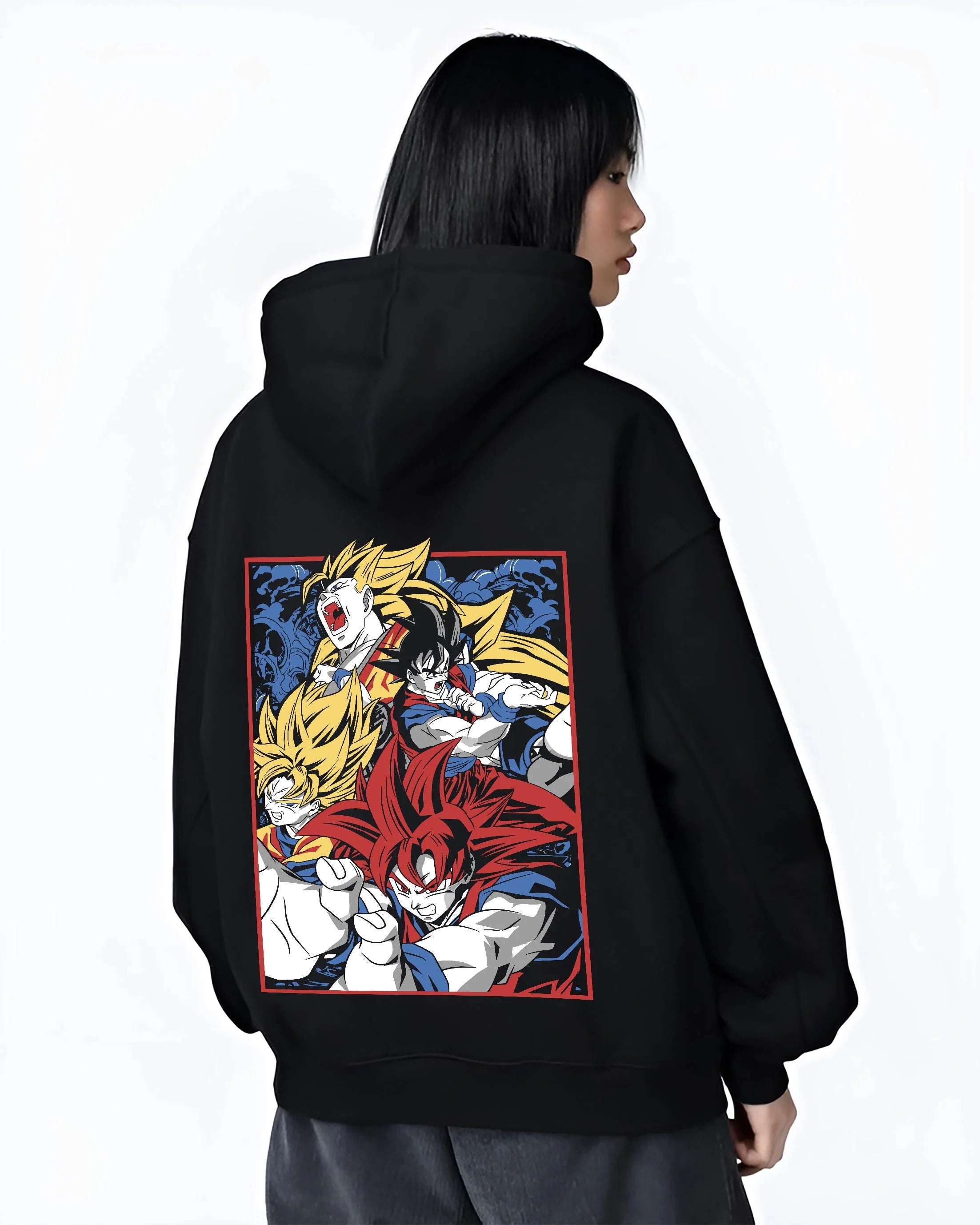 Black hoodie worn by female model, back view with Goku Hoodie Dragon Ball Z Saiyan Transform Battle graphic bold anime graphic.