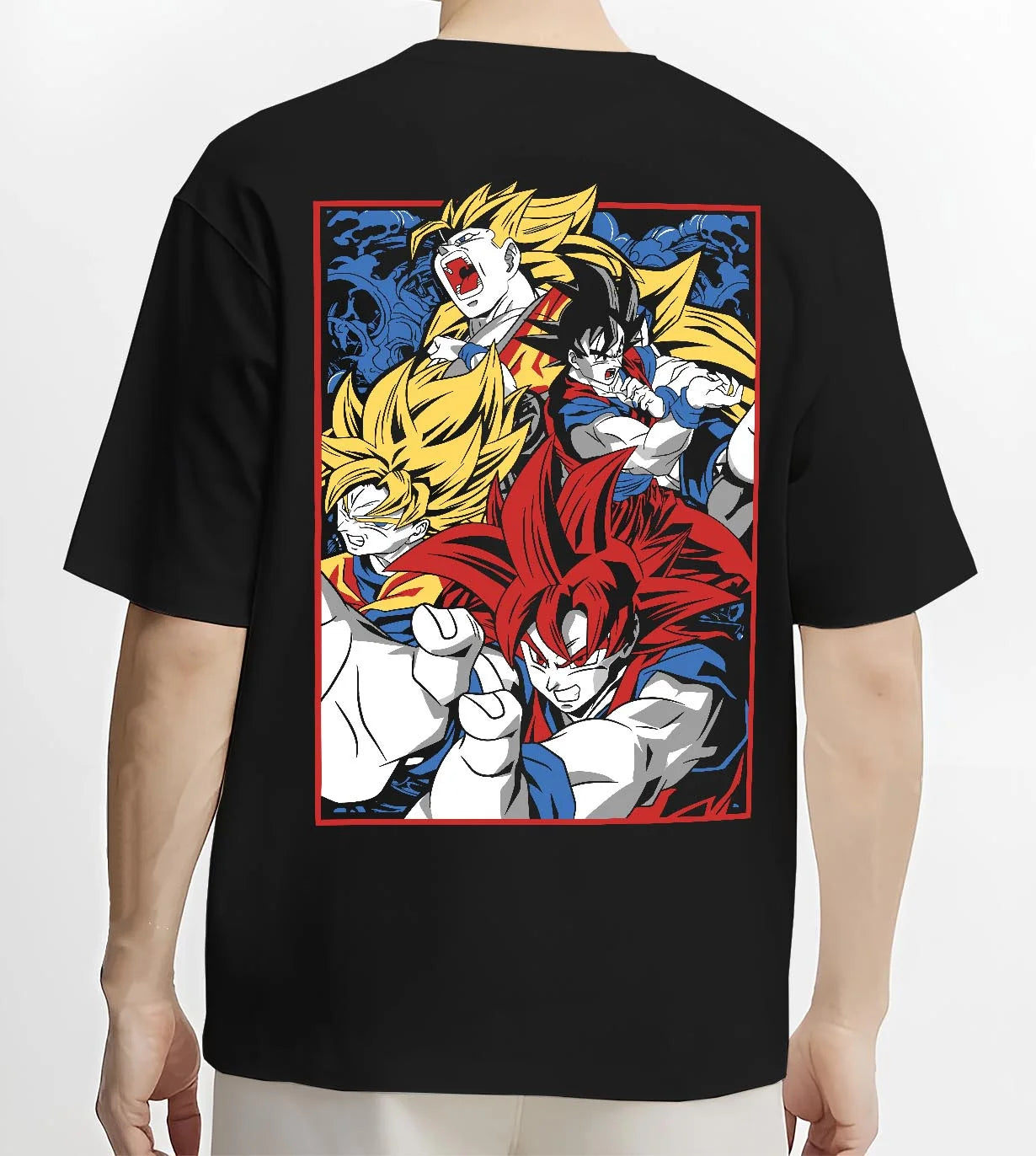 Black T-shirt worn by male model, back view with Goku Hoodie Dragon Ball Z Saiyan Transform Battle graphic streetwear graphic.