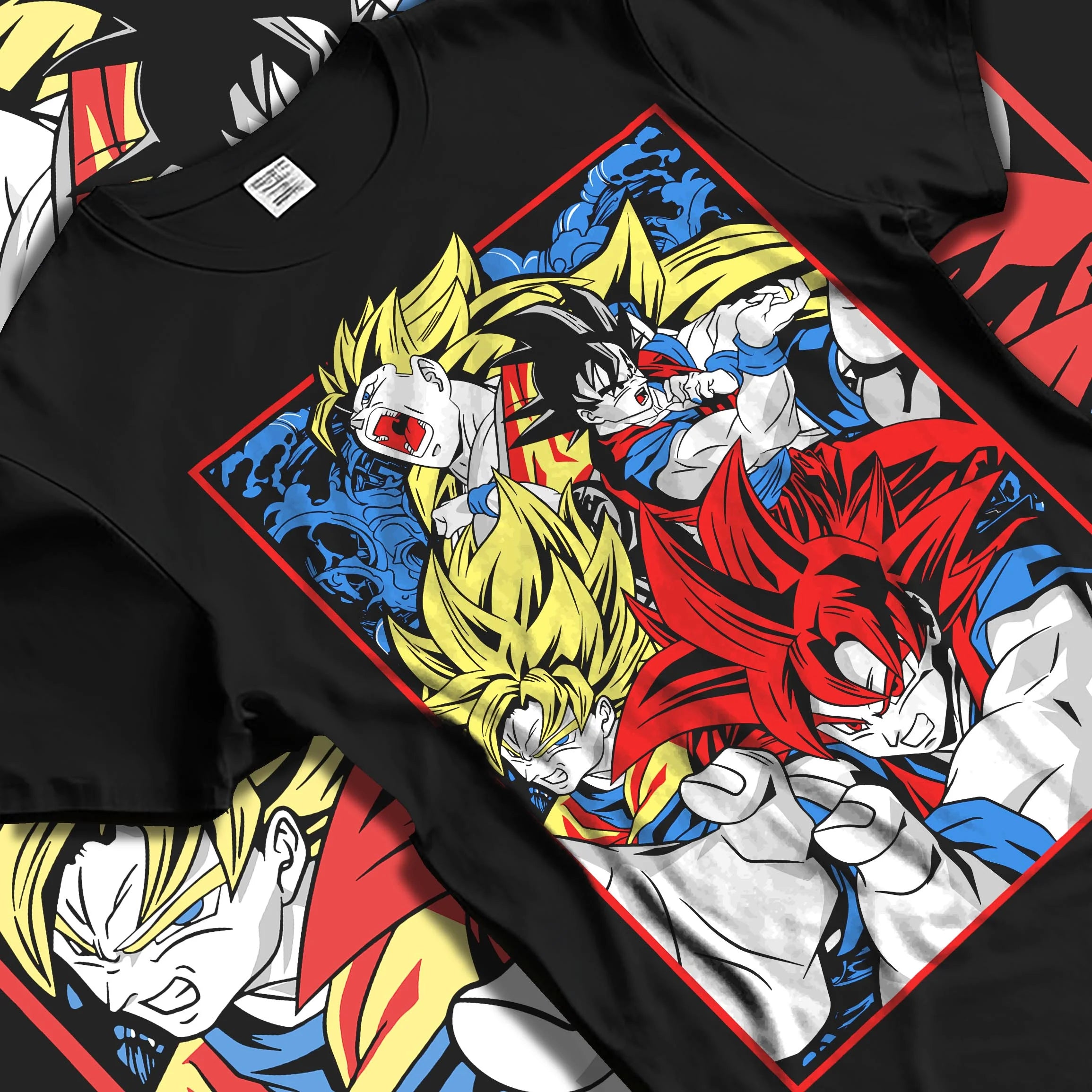 Black T-shirt laid flat with natural folds with Goku Hoodie Dragon Ball Z Saiyan Transform Battle graphic premium wear.