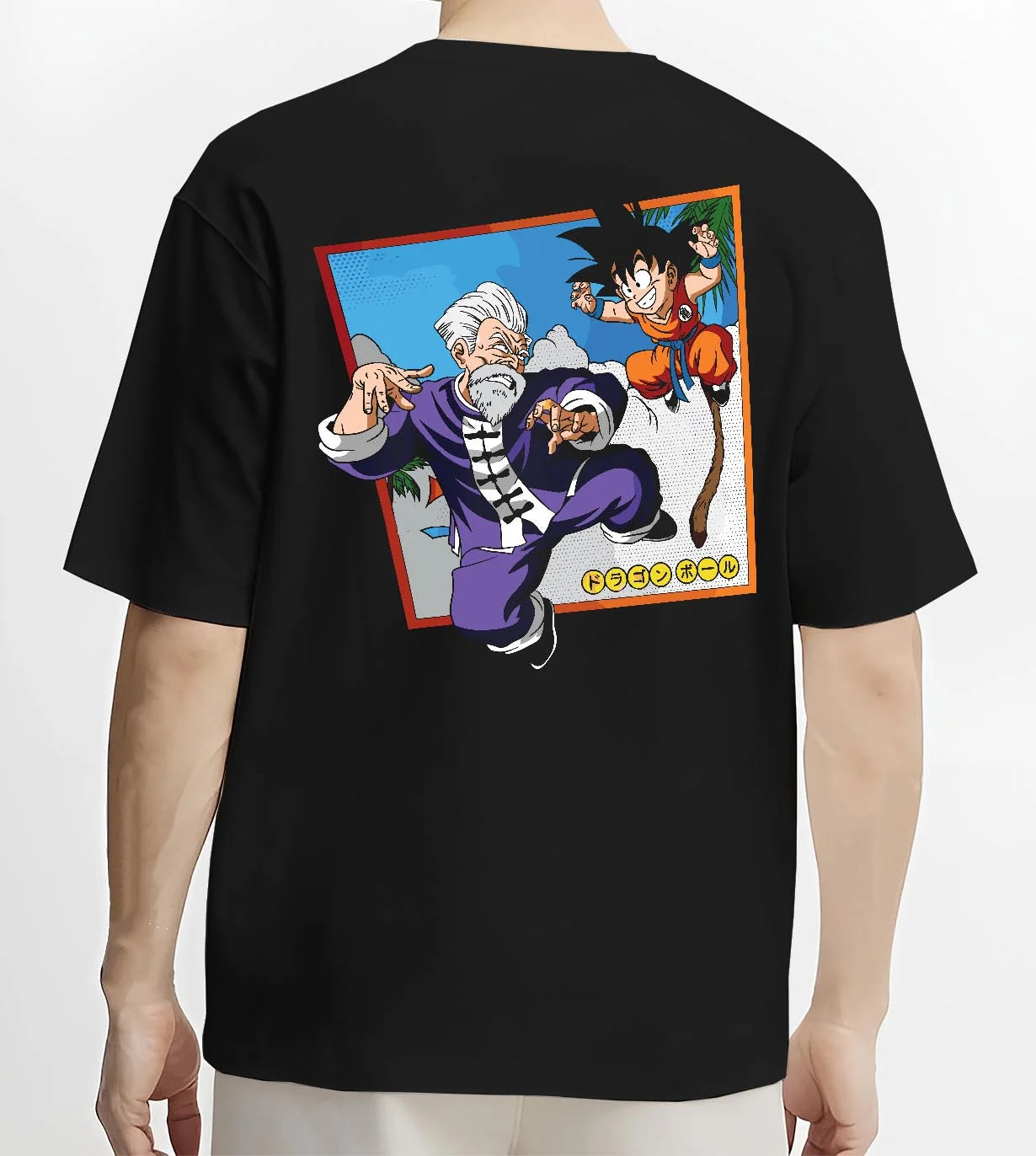 Black T-shirt worn by male model, back view with Dragon Ball Hoodie Goku Training Retro Anime Panel graphic bold anime graphic.