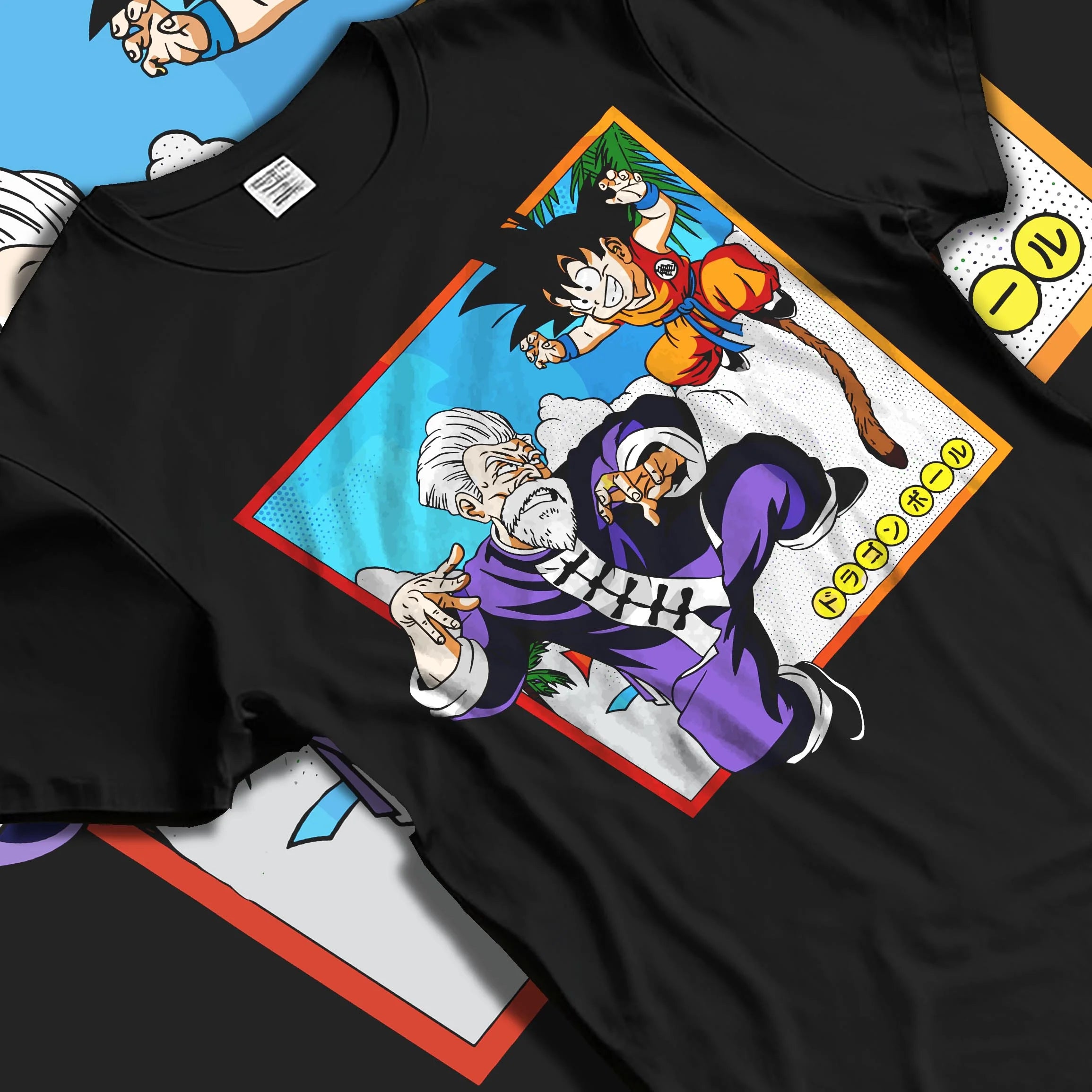 Black T-shirt laid flat with natural folds with Dragon Ball Hoodie Goku Training Retro Anime Panel graphic streetwear graphic.