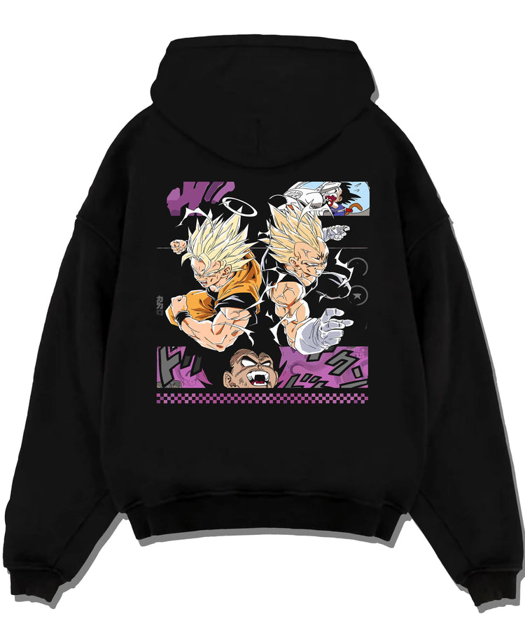 Black pullover hoodie laid flat with Goku Hoodie Dragon Ball Z Super Saiyan Epic Pose graphic bold anime graphic.