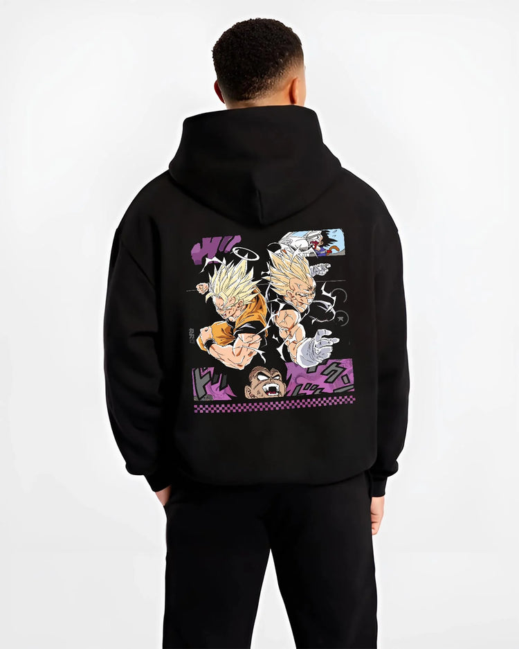 Black hoodie worn by male model, back view with Goku Hoodie Dragon Ball Z Super Saiyan Epic Pose graphic premium wear.