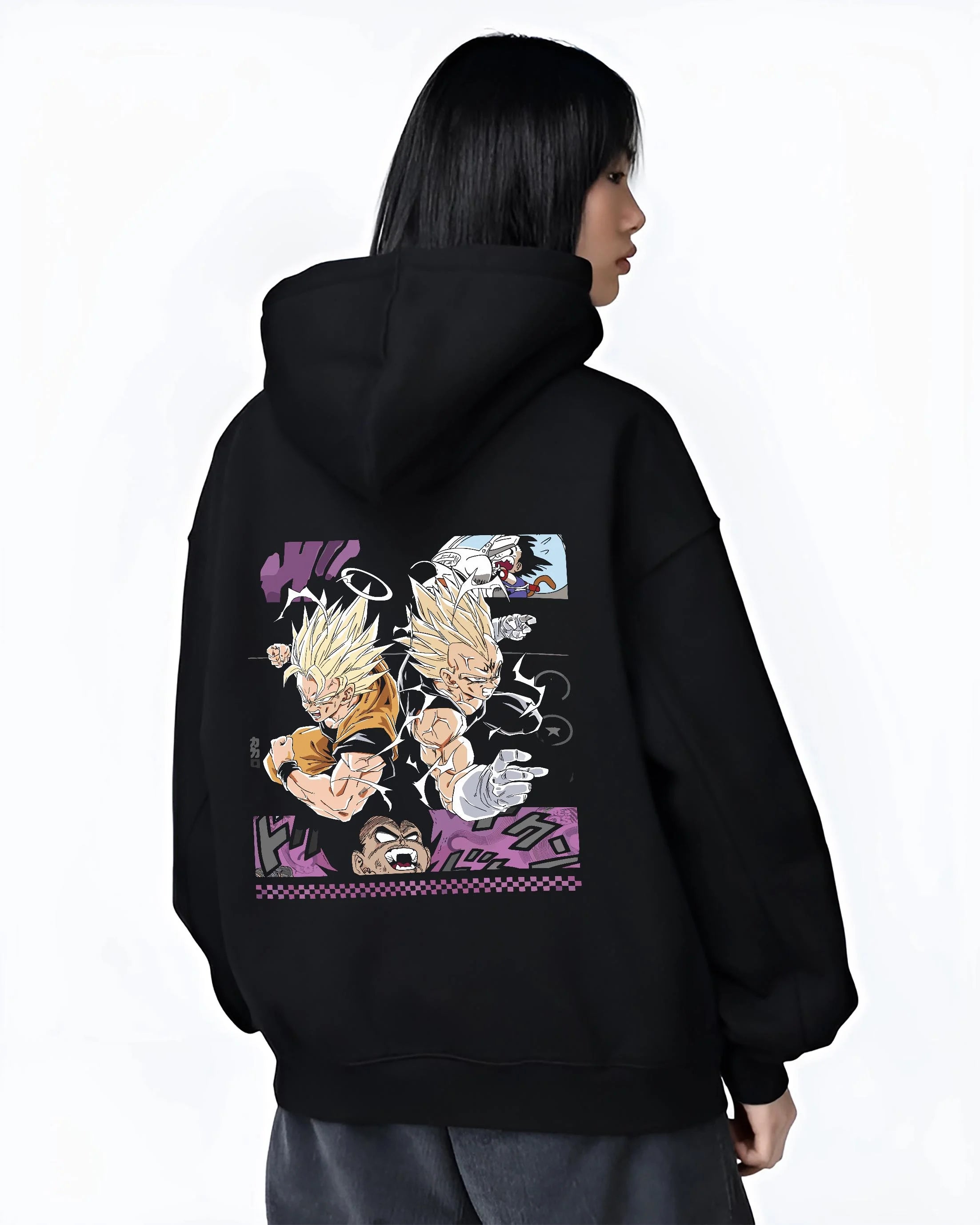 Black hoodie worn by female model, back view with Goku Hoodie Dragon Ball Z Super Saiyan Epic Pose graphic premium wear.