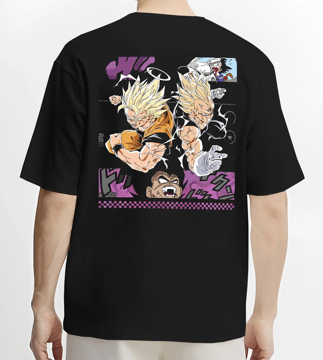 Black T-shirt worn by male model, back view with Goku Hoodie Dragon Ball Z Super Saiyan Epic Pose graphic premium wear.