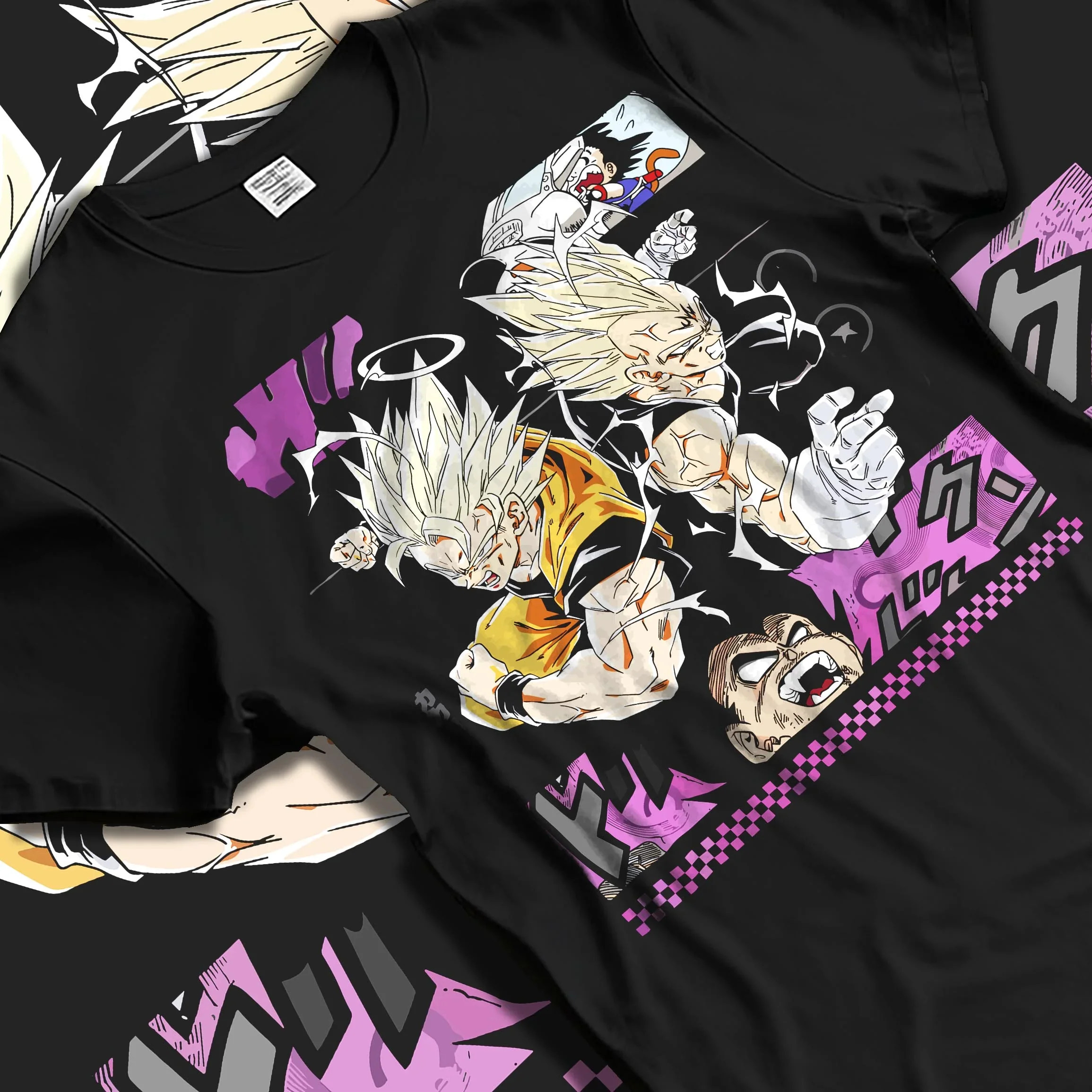 Black T-shirt laid flat with natural folds with Goku Hoodie Dragon Ball Z Super Saiyan Epic Pose graphic streetwear graphic.