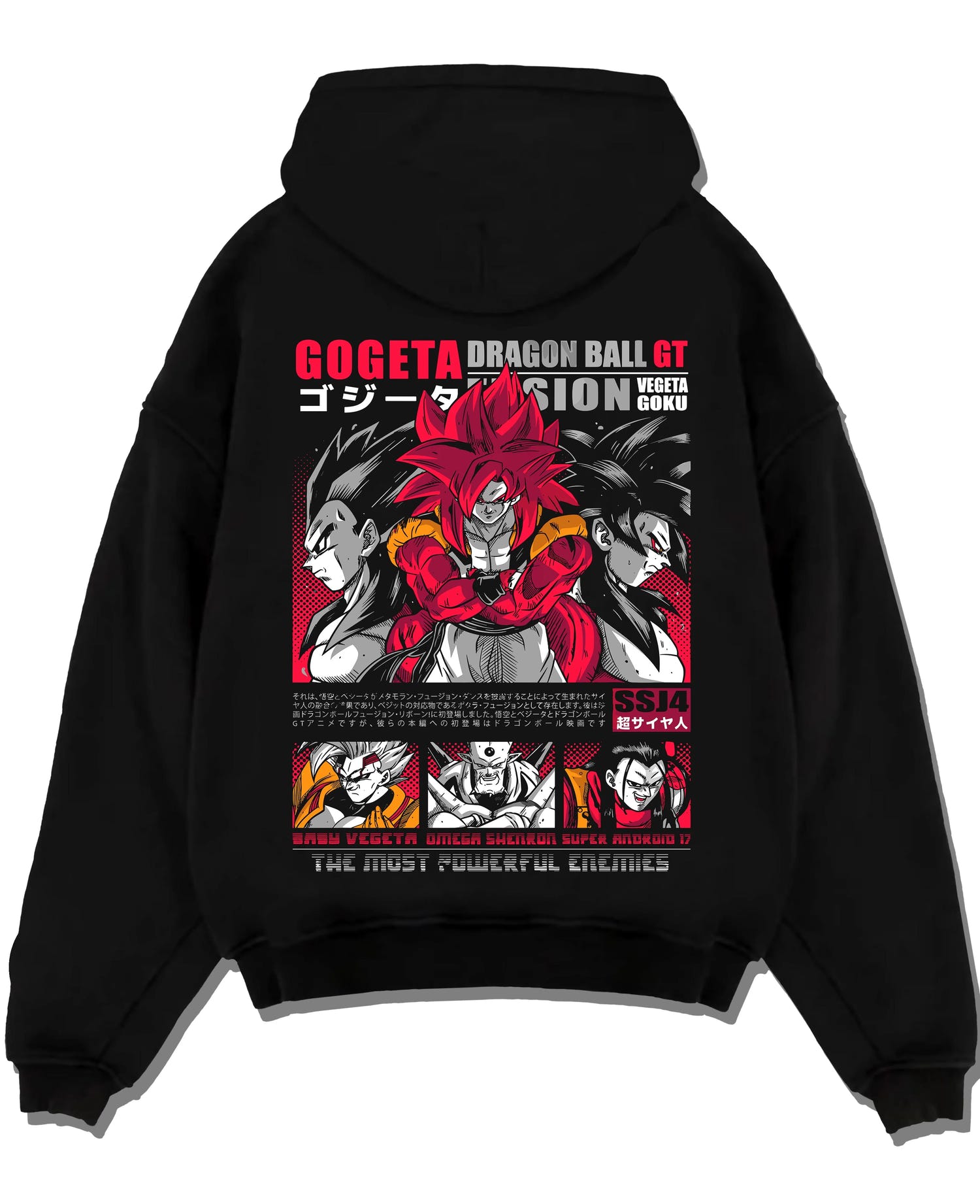Black pullover hoodie laid flat with Gogeta Hoodie Dragon Ball GT Super Saiyan Fusion graphic premium wear.
