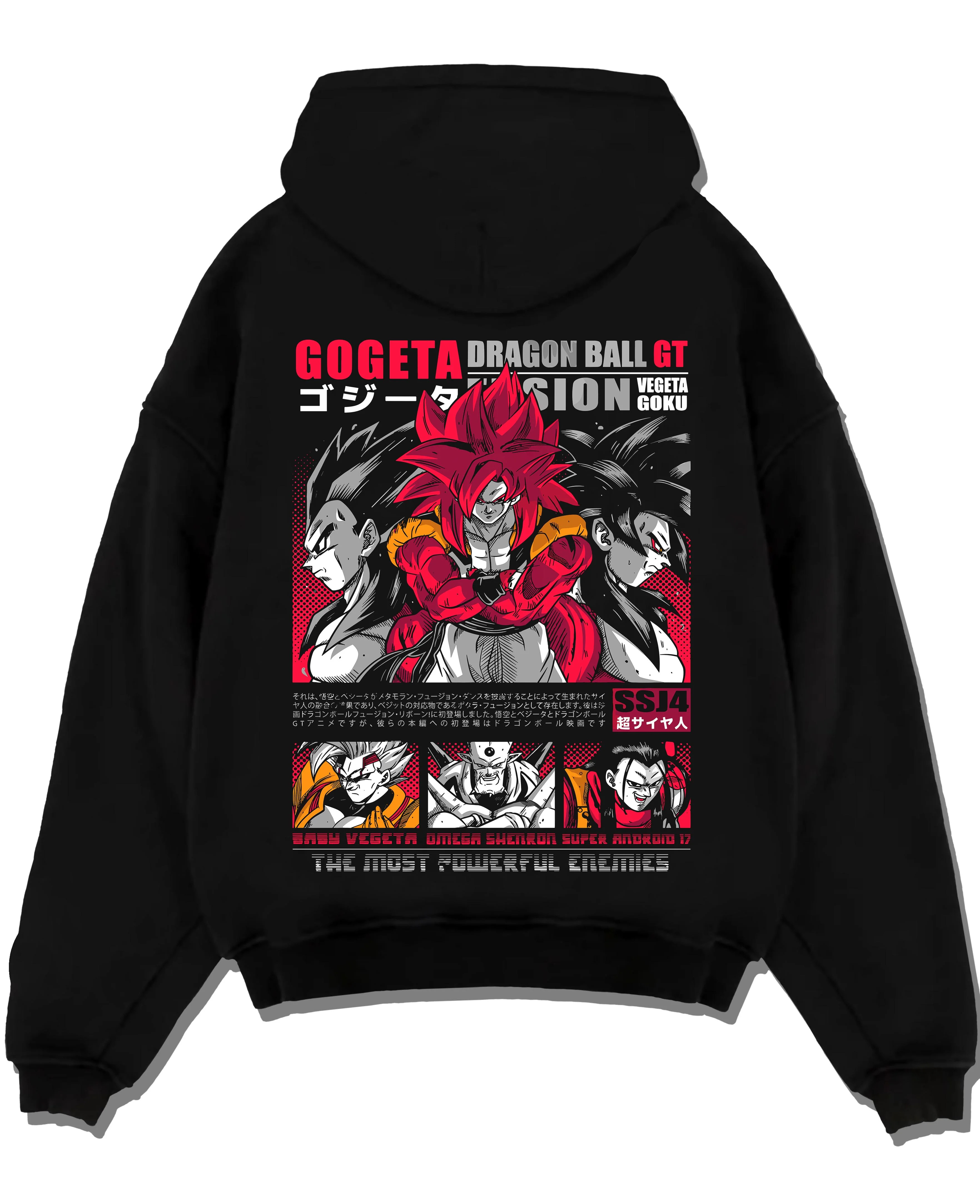 Black pullover hoodie laid flat with Gogeta Hoodie Dragon Ball GT Super Saiyan Fusion graphic premium wear.