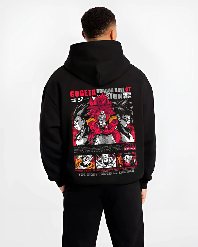 Black hoodie worn by male model, back view with Gogeta Hoodie Dragon Ball GT Super Saiyan Fusion graphic streetwear graphic.