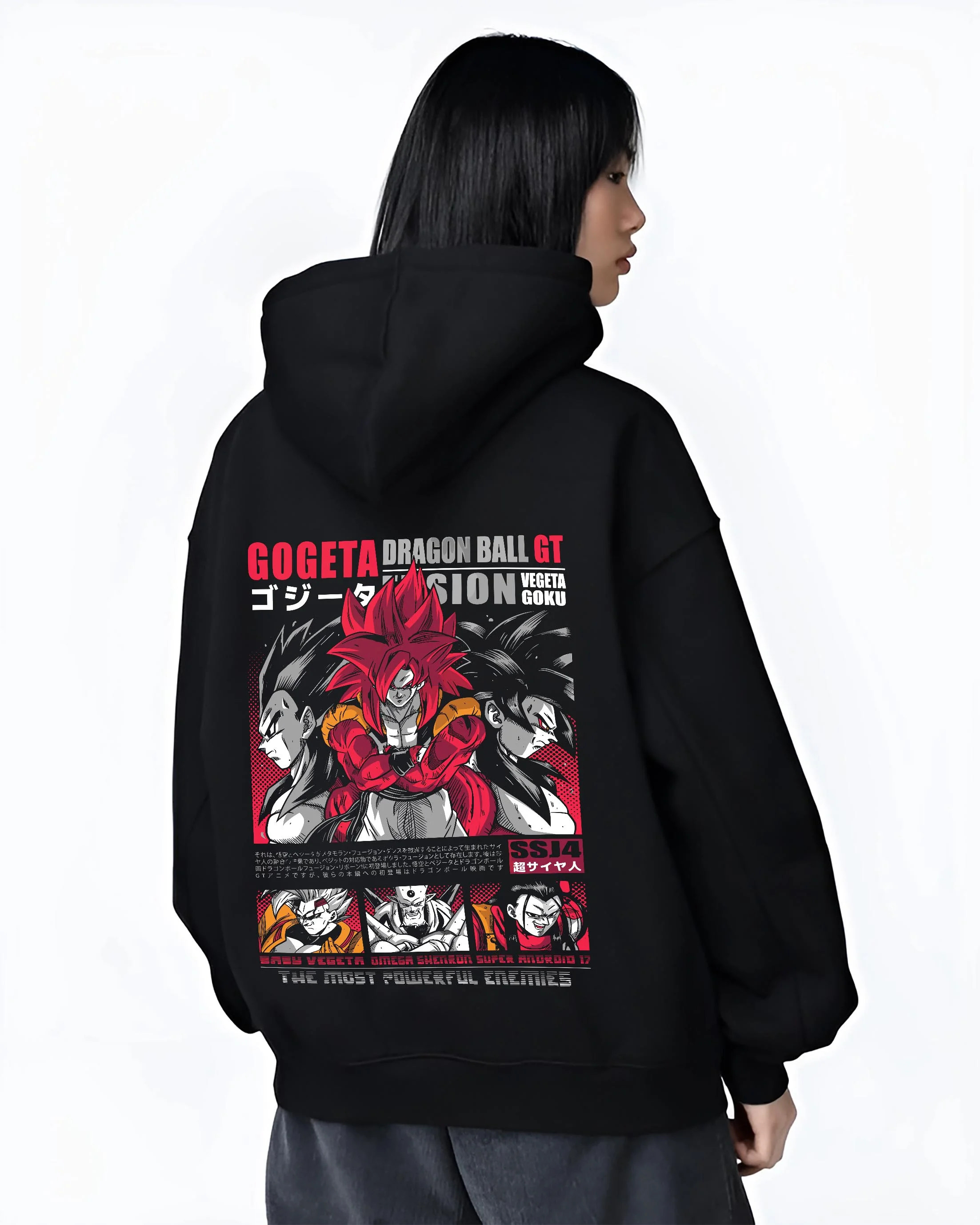 Black hoodie worn by female model, back view with Gogeta Hoodie Dragon Ball GT Super Saiyan Fusion graphic premium wear.