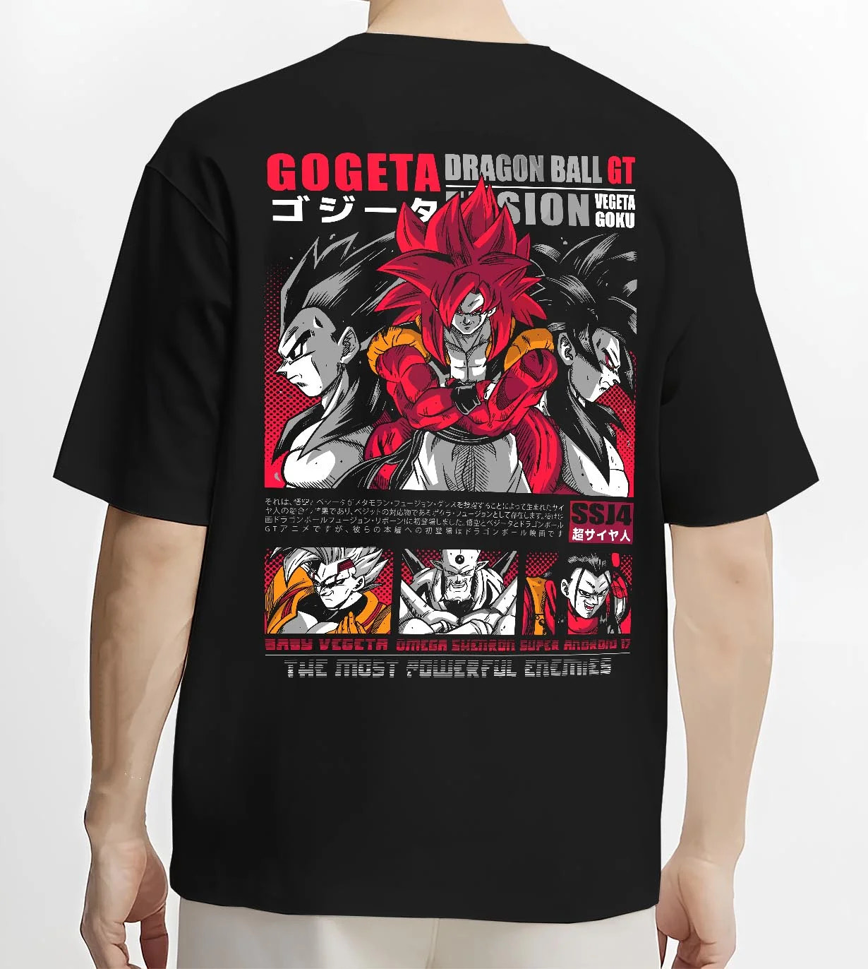 Black T-shirt worn by male model, back view with Gogeta Hoodie Dragon Ball GT Super Saiyan Fusion graphic premium wear.