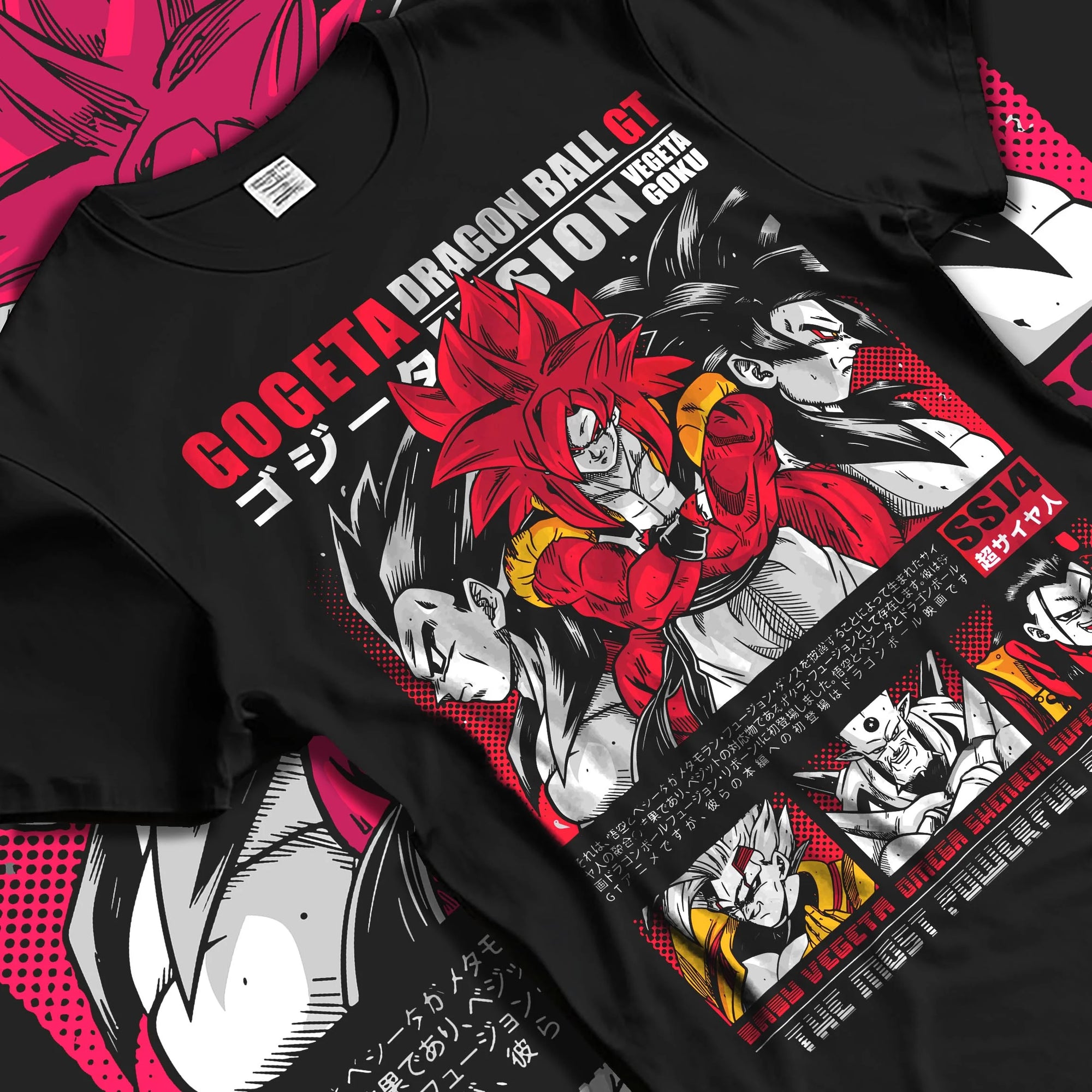 Black T-shirt laid flat with natural folds with Gogeta Hoodie Dragon Ball GT Super Saiyan Fusion graphic Gogeta anime design.