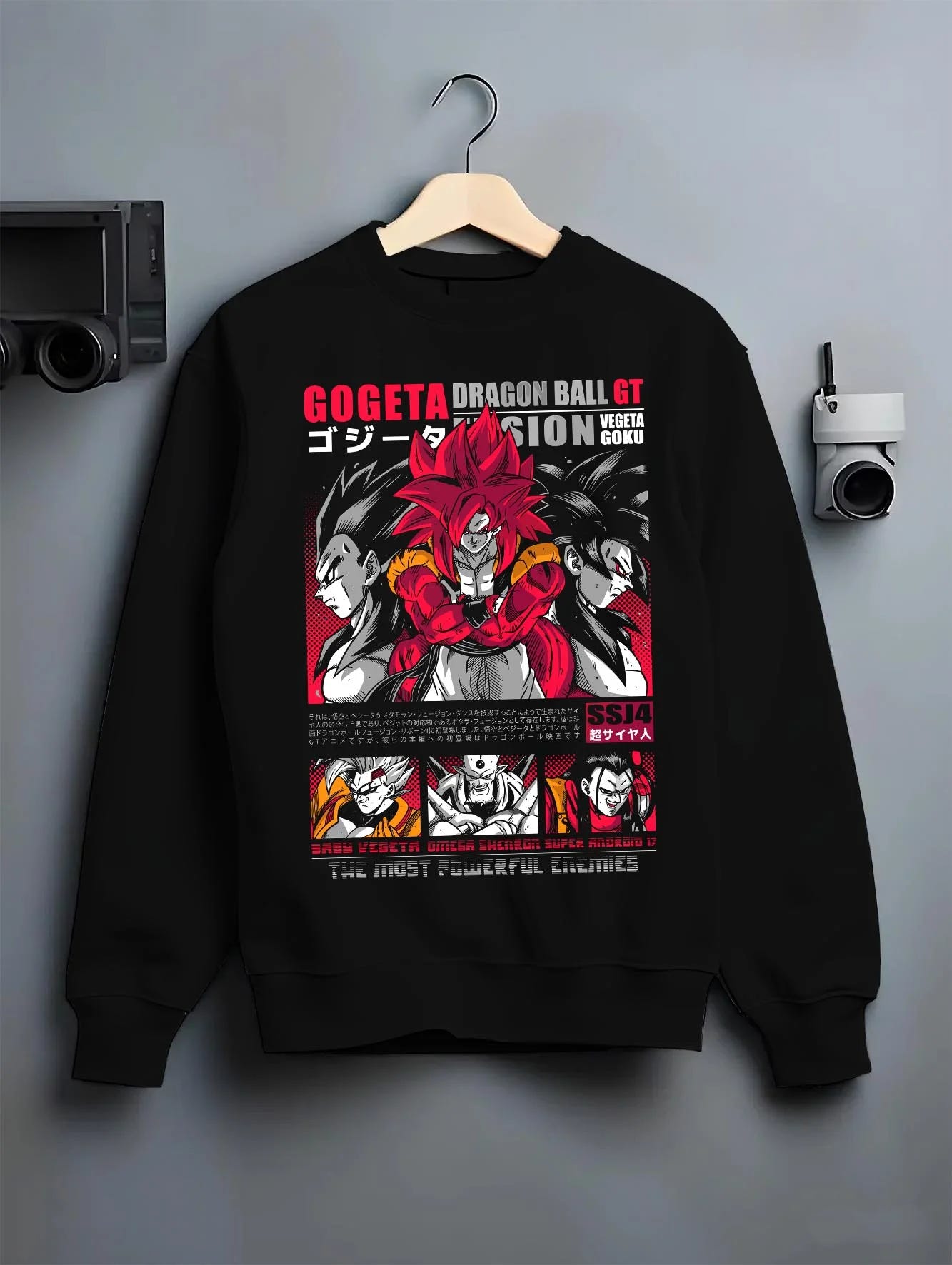 Black crewneck sweatshirt on hanger with Gogeta Hoodie Dragon Ball GT Super Saiyan Fusion graphic streetwear graphic.