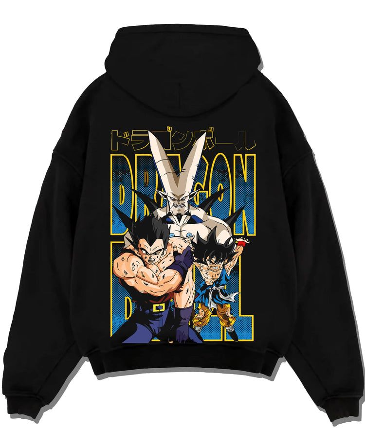 Black pullover hoodie laid flat with Omega Shenron Hoodie Dragon Ball GT Villain Battle graphic premium wear.