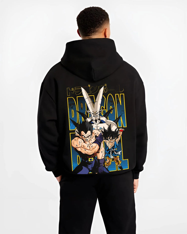 Black hoodie worn by male model, back view with Omega Shenron Hoodie Dragon Ball GT Villain Battle graphic bold anime graphic.