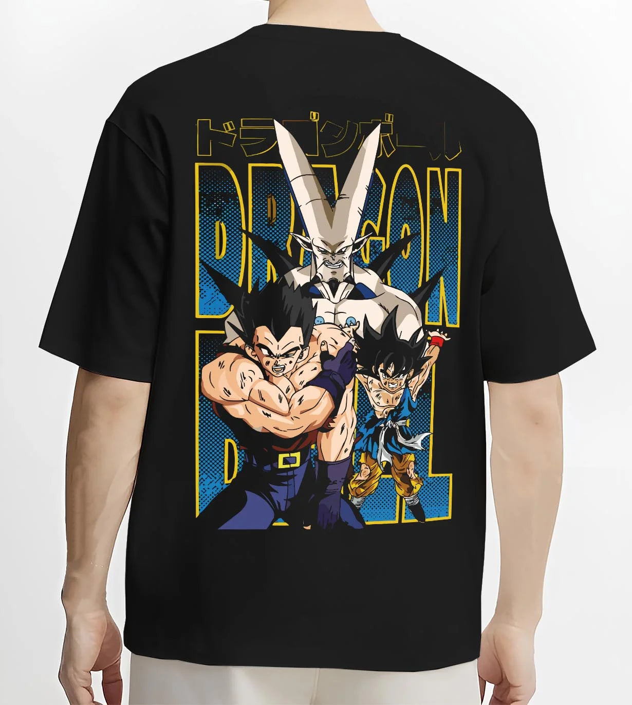 Black T-shirt worn by male model, back view with Omega Shenron Hoodie Dragon Ball GT Villain Battle graphic streetwear graphic.