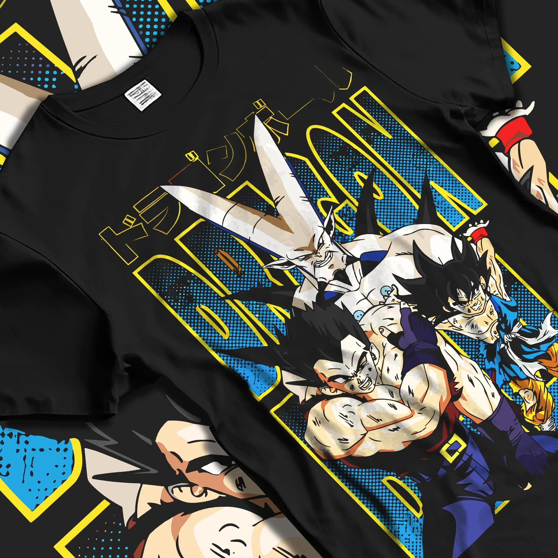 Black T-shirt laid flat with natural folds with Omega Shenron Hoodie Dragon Ball GT Villain Battle graphic streetwear graphic.