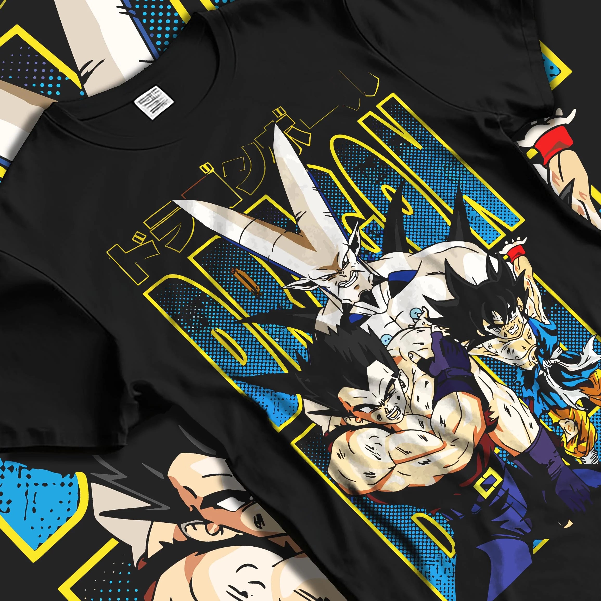 Black T-shirt laid flat with natural folds with Omega Shenron Hoodie Dragon Ball GT Villain Battle graphic streetwear graphic.