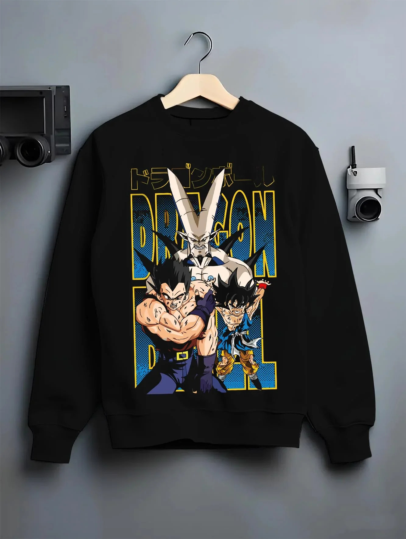 Black crewneck sweatshirt on hanger with Omega Shenron Hoodie Dragon Ball GT Villain Battle graphic bold anime graphic.