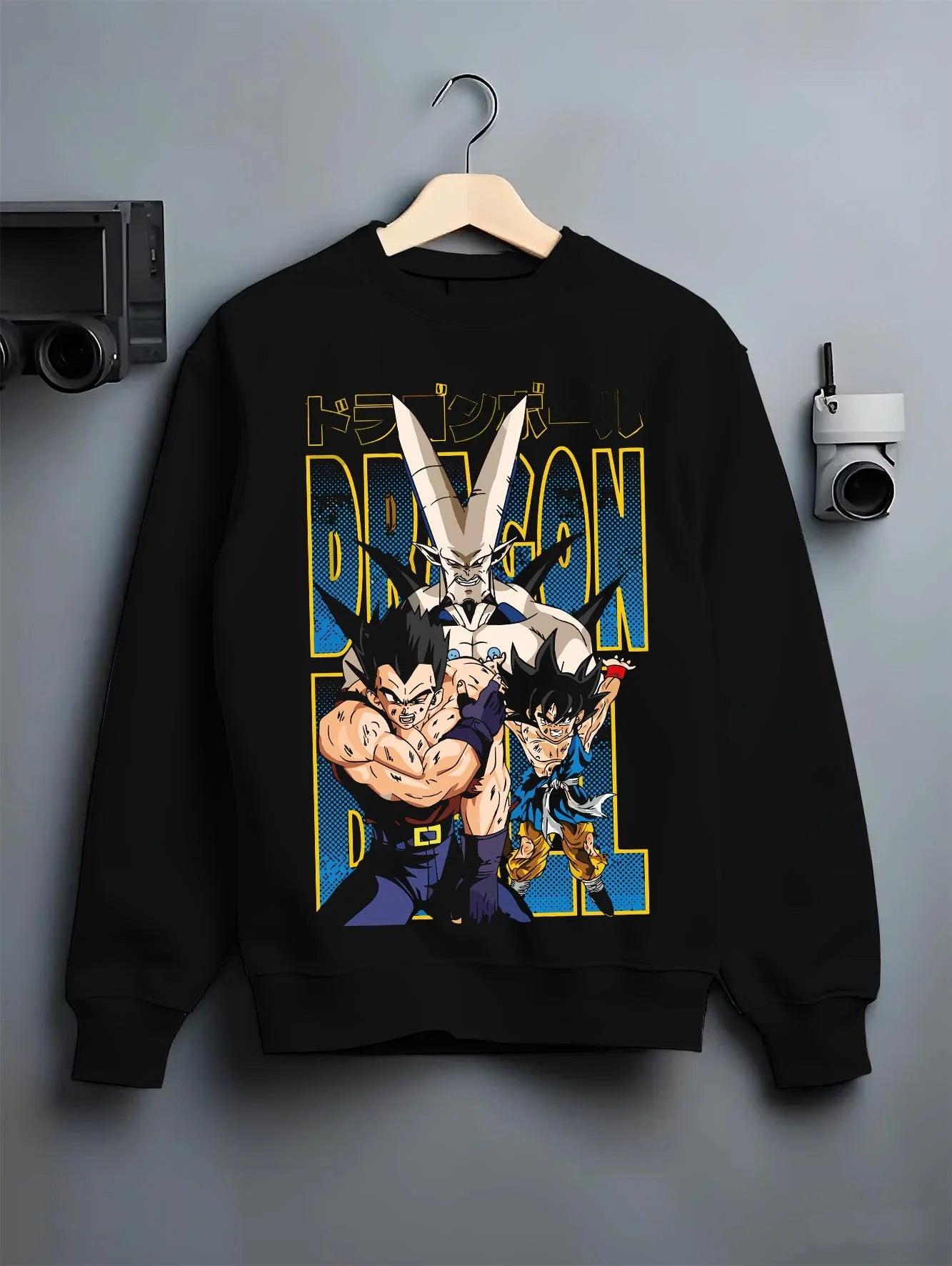 Black crewneck sweatshirt on hanger with Omega Shenron Hoodie Dragon Ball GT Villain Battle graphic bold anime graphic.
