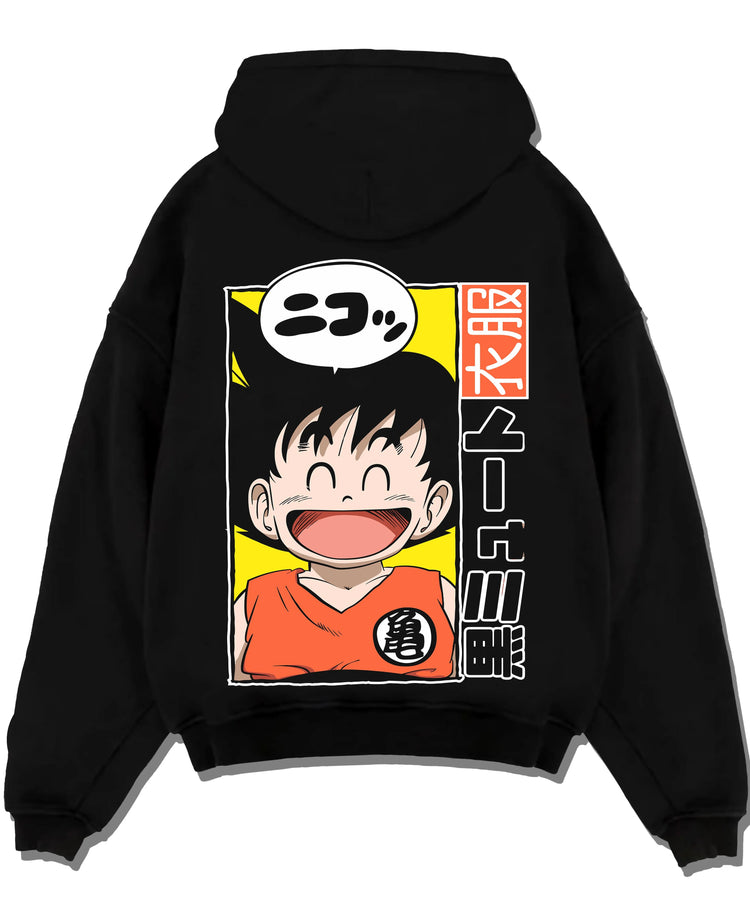 Black pullover hoodie laid flat with Krillin Hoodie Dragon Ball Retro Nimbus Flying Pose graphic streetwear graphic.