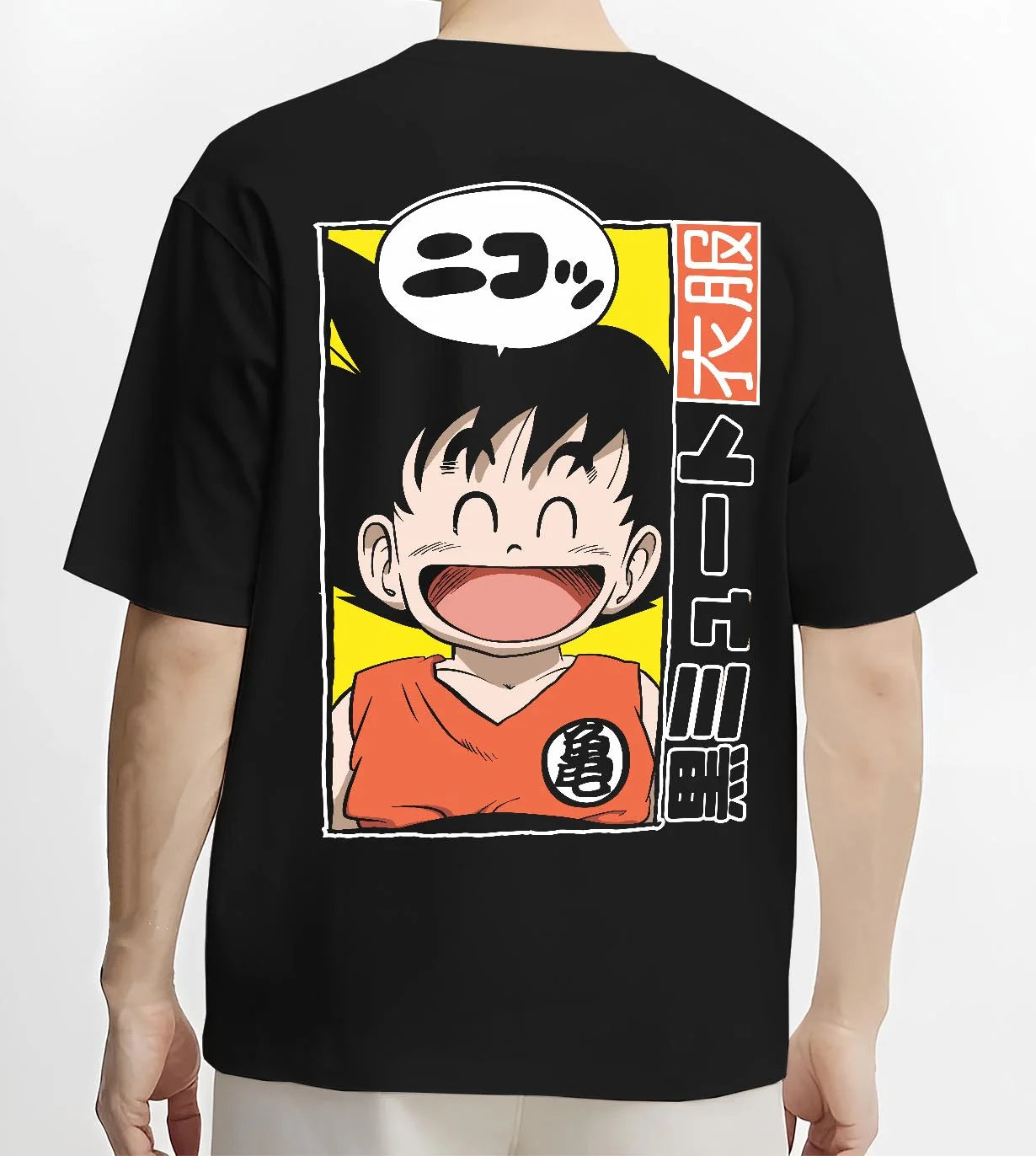 Black T-shirt worn by male model, back view with Krillin Hoodie Dragon Ball Retro Nimbus Flying Pose graphic bold anime graphic.