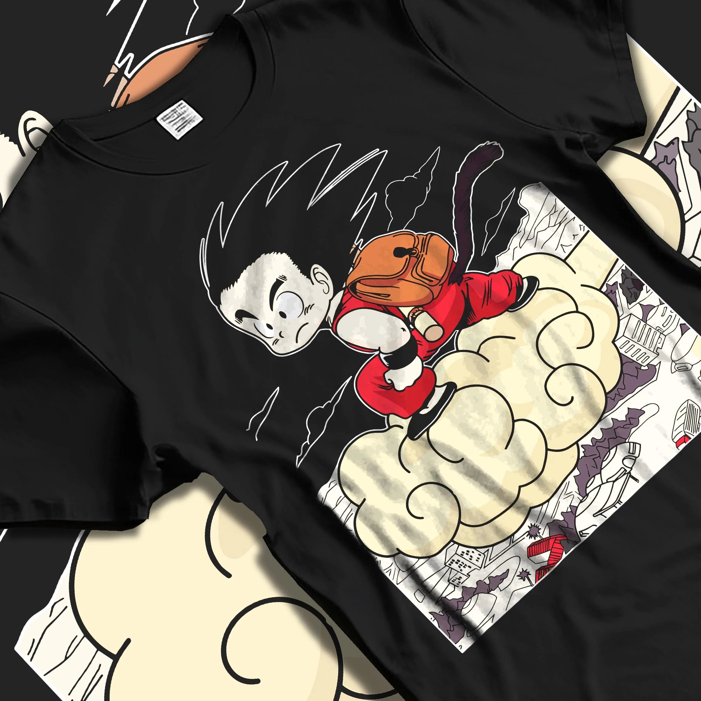 Black T-shirt laid flat with natural folds with Goku Hoodie Dragon Ball Kid Nimbus Cloud Adventure graphic premium wear.