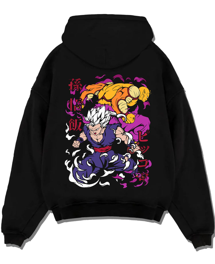 Black pullover hoodie laid flat with Gohan Hoodie Dragon Ball Z Mystic Super Saiyan Pose graphic premium wear.