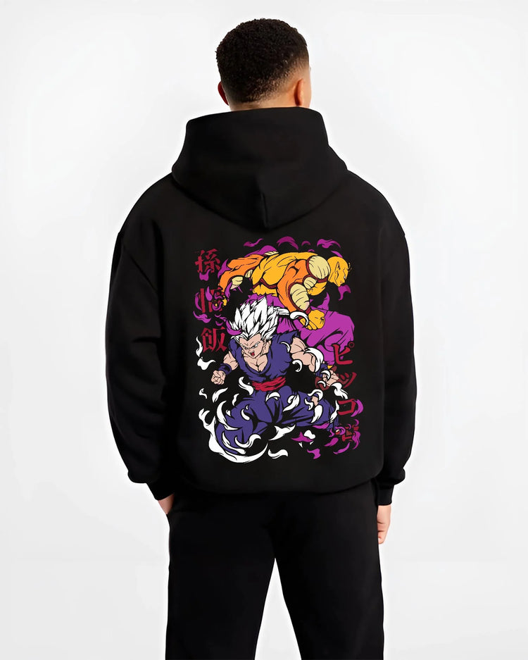 Black hoodie worn by male model, back view with Gohan Hoodie Dragon Ball Z Mystic Super Saiyan Pose graphic streetwear graphic.