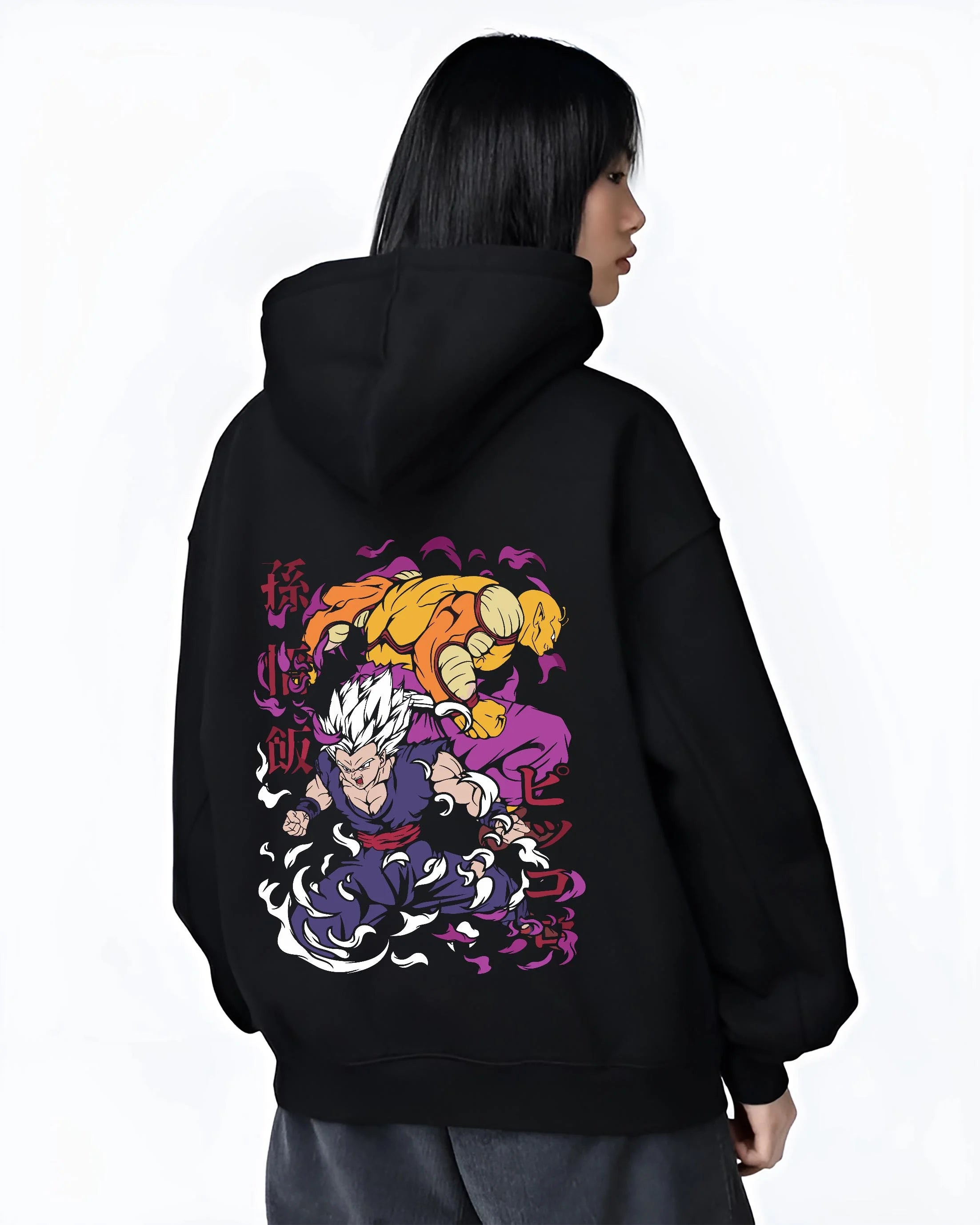 Black hoodie worn by female model, back view with Gohan Hoodie Dragon Ball Z Mystic Super Saiyan Pose graphic Gohan anime design.