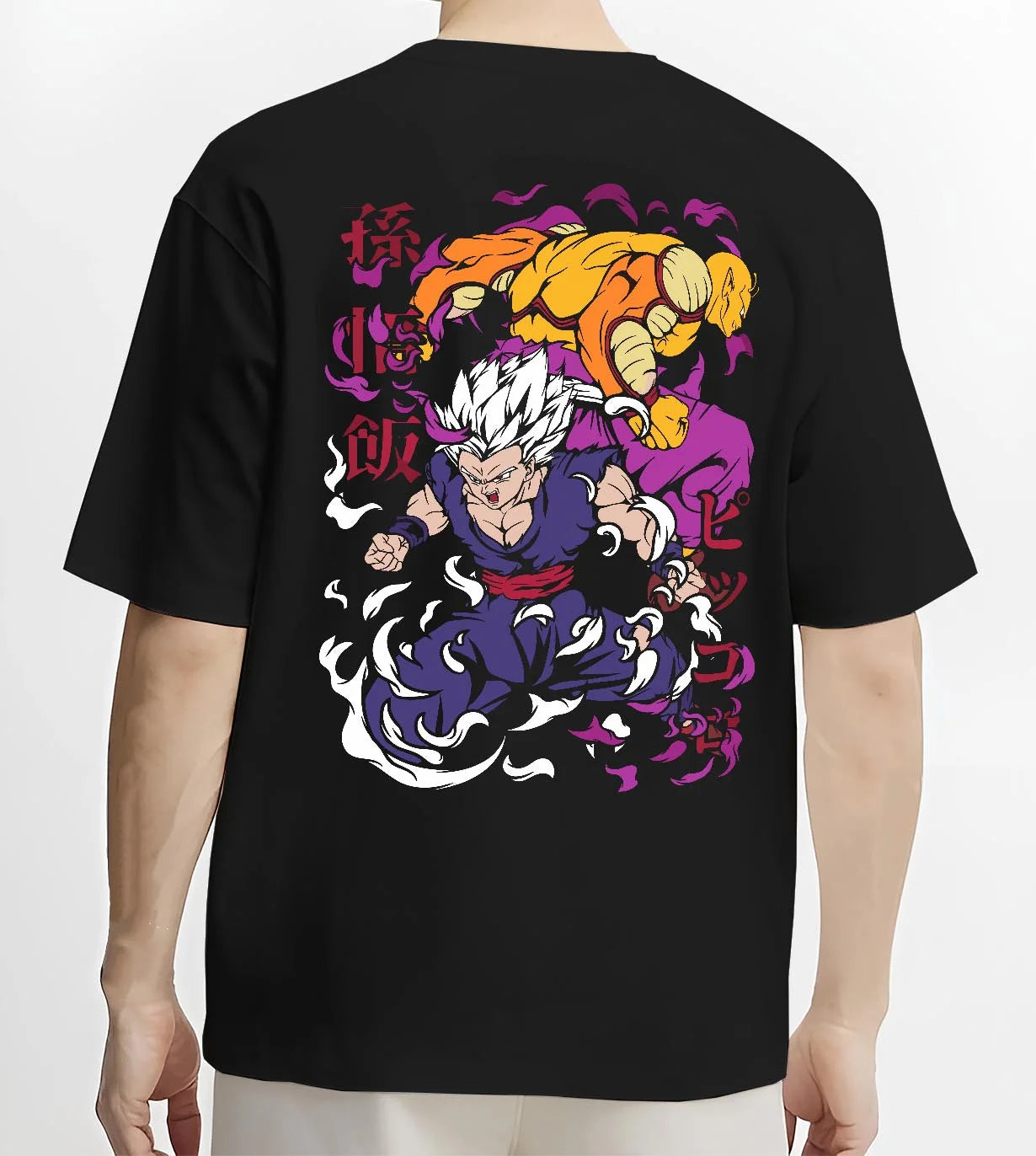 Black T-shirt worn by male model, back view with Gohan Hoodie Dragon Ball Z Mystic Super Saiyan Pose graphic premium wear.