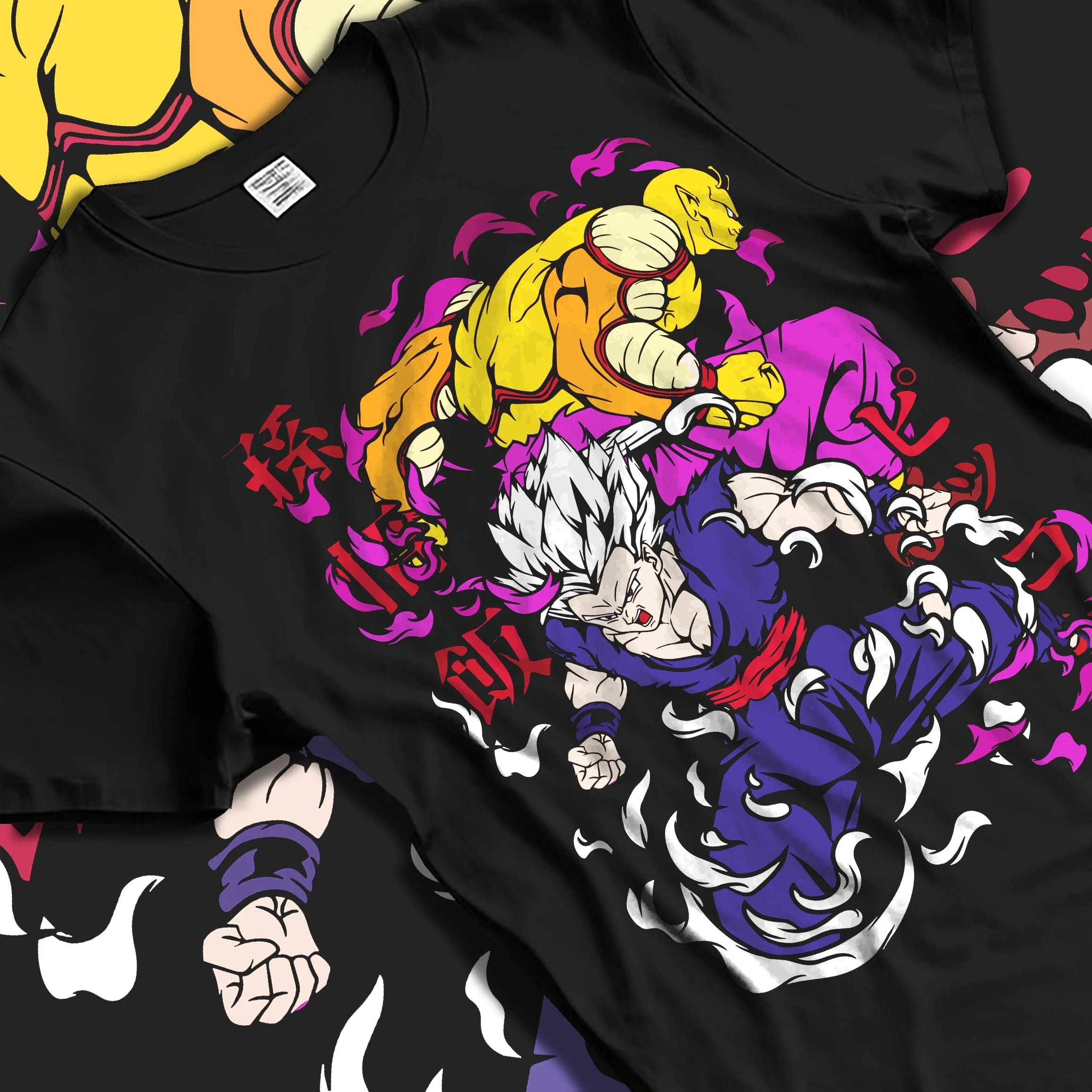 Black T-shirt laid flat with natural folds with Gohan Hoodie Dragon Ball Z Mystic Super Saiyan Pose graphic bold anime graphic.