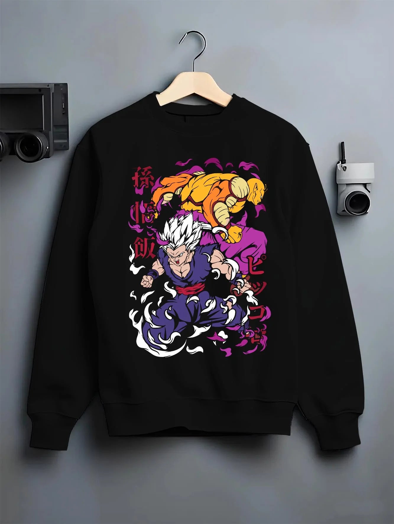 Black crewneck sweatshirt on hanger with Gohan Hoodie Dragon Ball Z Mystic Super Saiyan Pose graphic streetwear graphic.
