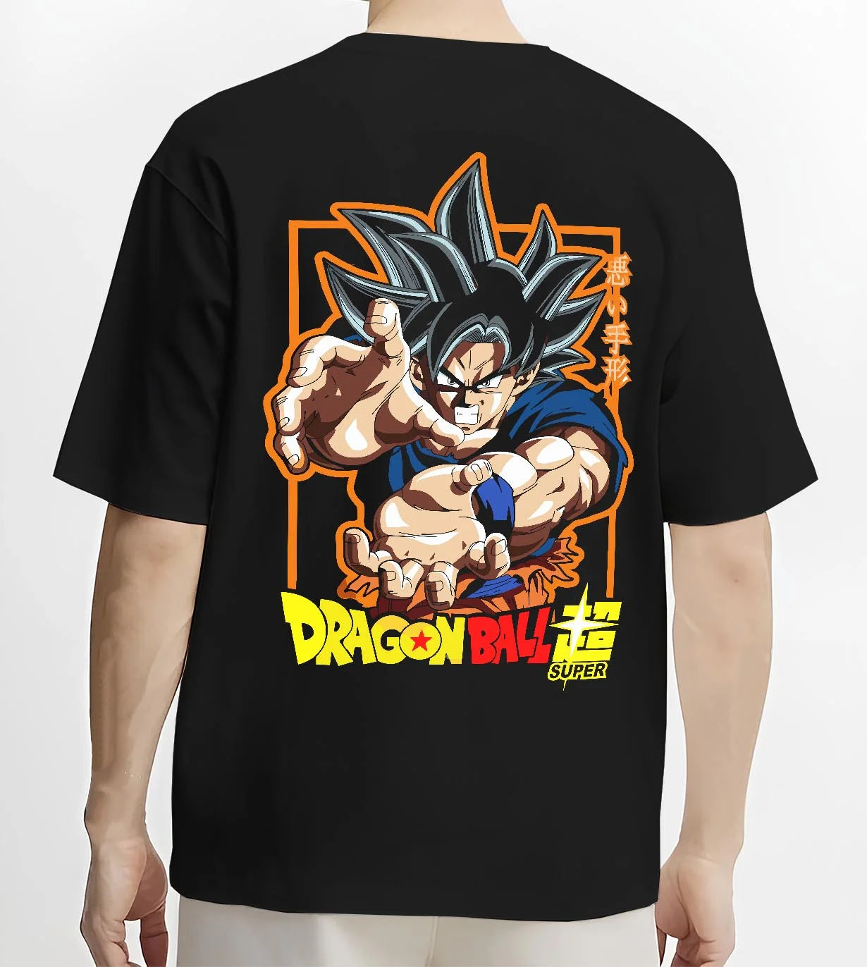 Black T-shirt worn by male model, back view with Goku Hoodie Dragon Ball Super Ultra Instinct Power graphic Goku anime design.