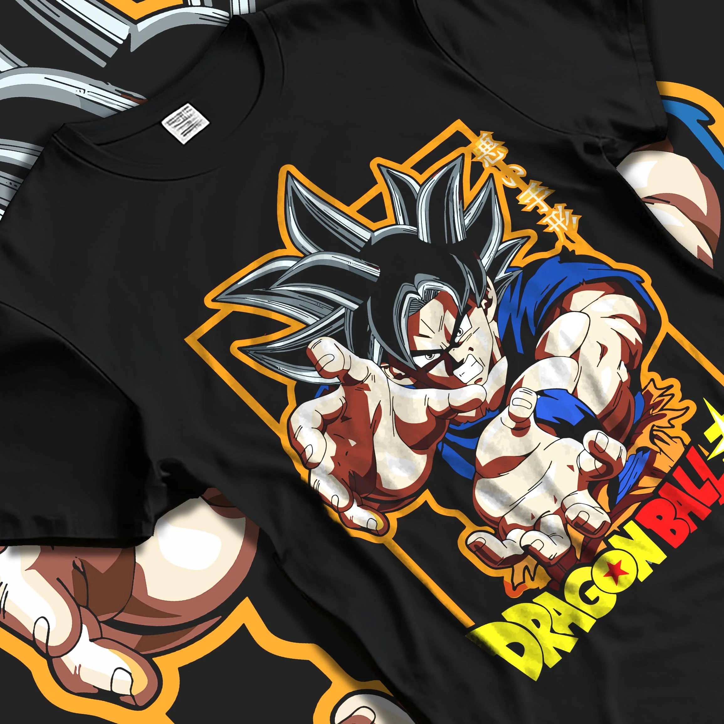 Black T-shirt laid flat with natural folds with Goku Hoodie Dragon Ball Super Ultra Instinct Power graphic streetwear graphic.