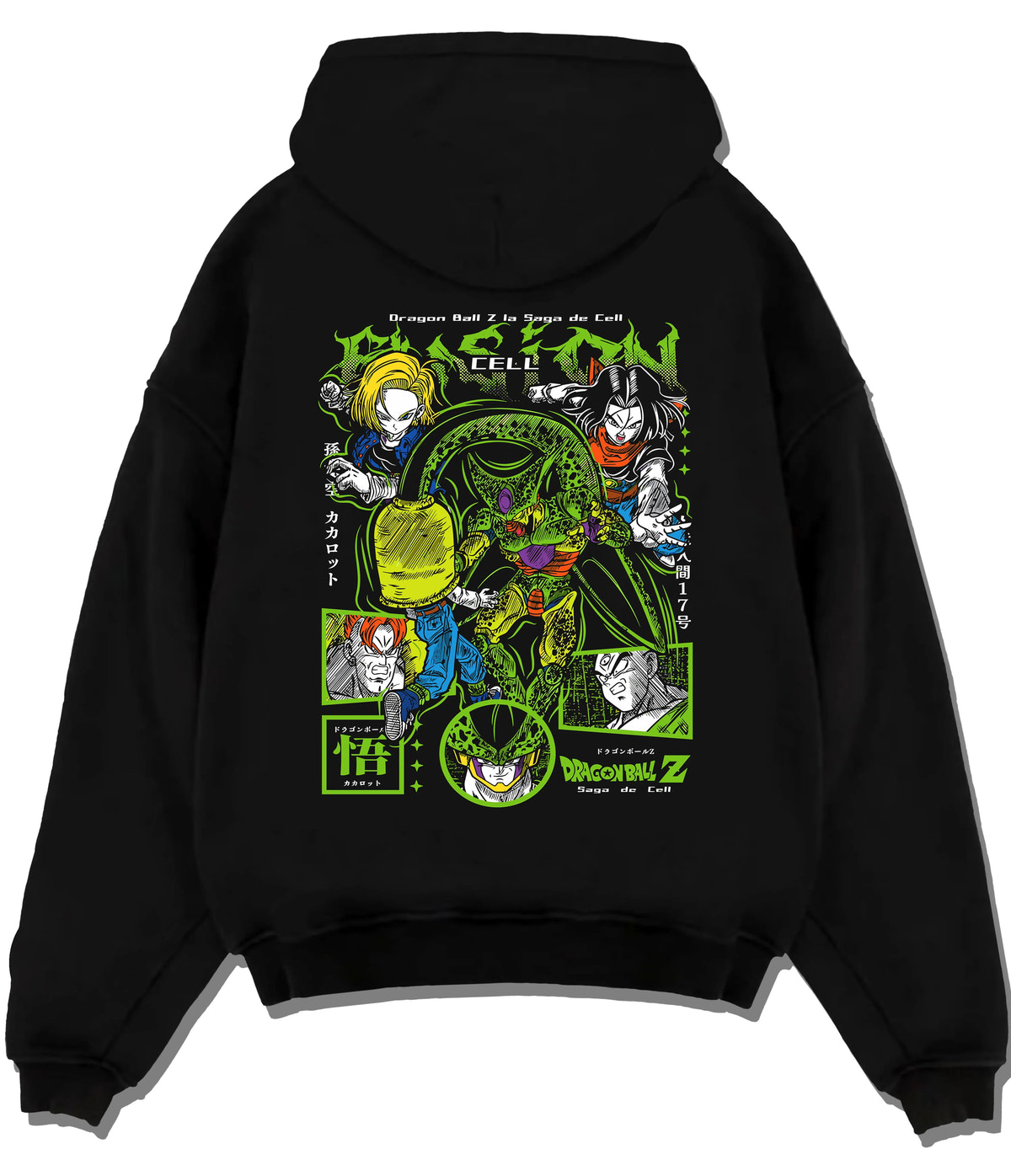 Black hoodie flat back view showing Cell / Dragon Ball Z: Cell Games collage