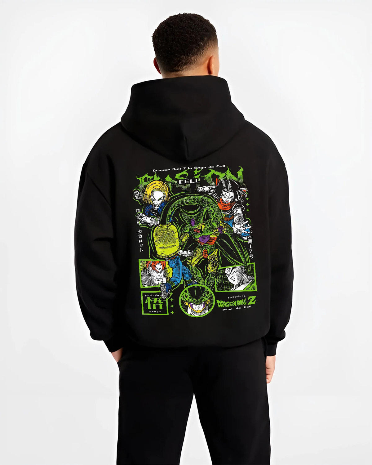 Black hoodie model back view showing Cell / Dragon Ball Z: Cell Games collage