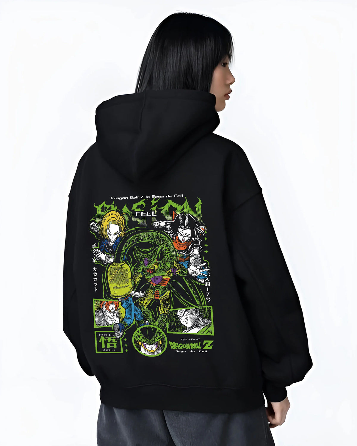 Black hoodie female model back view showing Cell / Dragon Ball Z: Cell Games collage