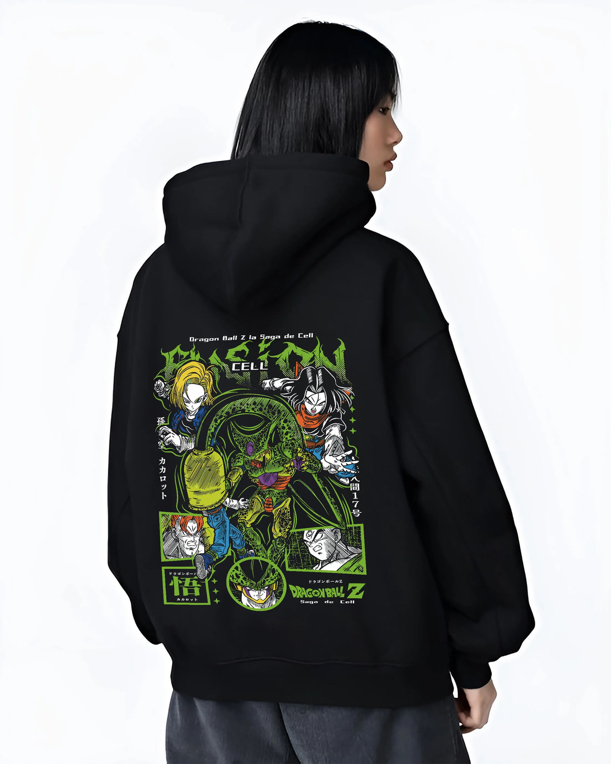 Black hoodie female model back view showing Cell / Dragon Ball Z: Cell Games collage