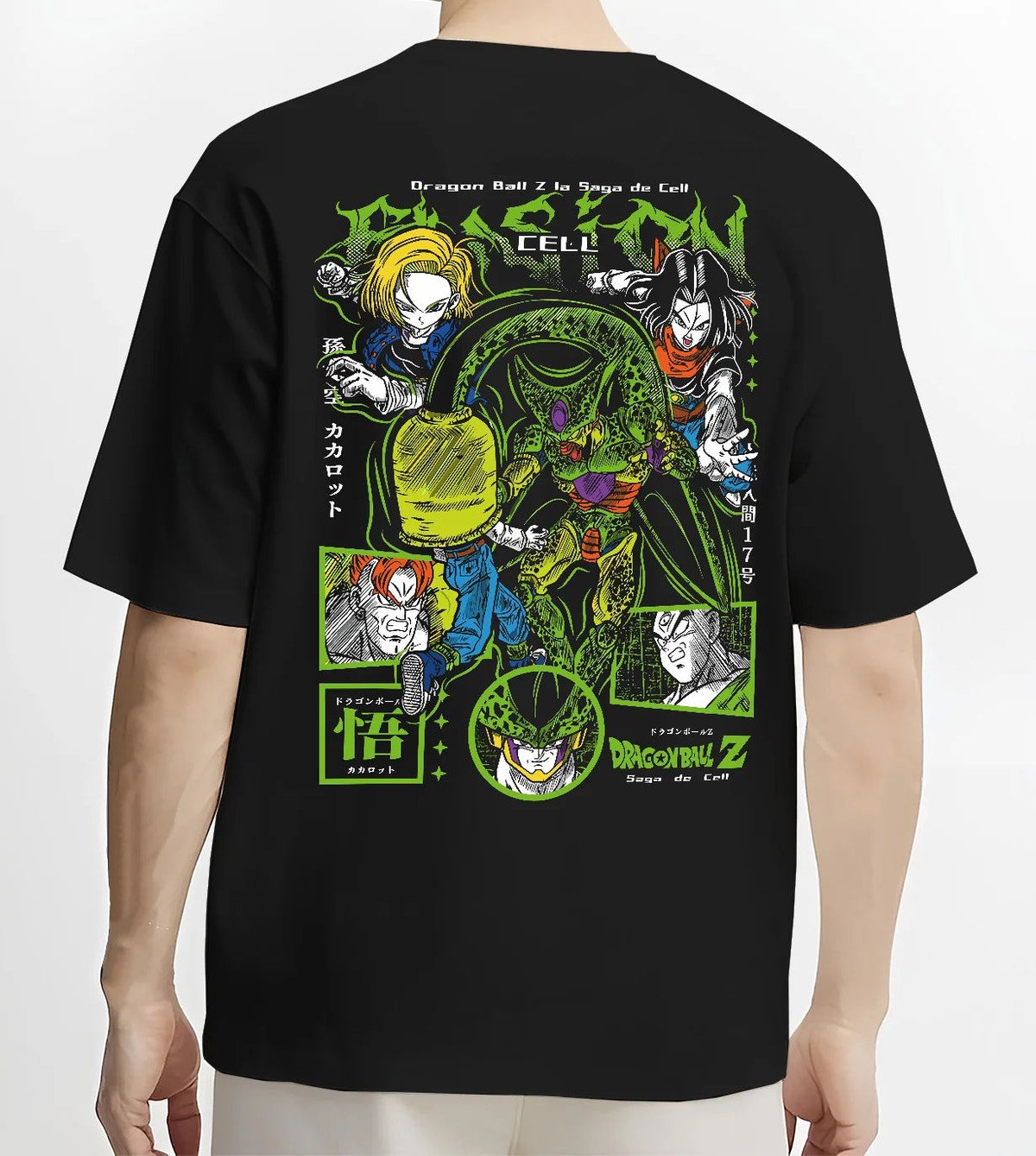 Black T-shirt model back view showing Cell / Dragon Ball Z: Cell Games collage