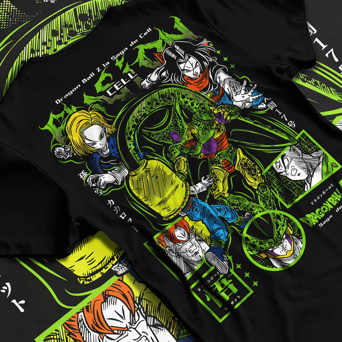 Black T-shirt flat back view showing Cell / Dragon Ball Z: Cell Games collage